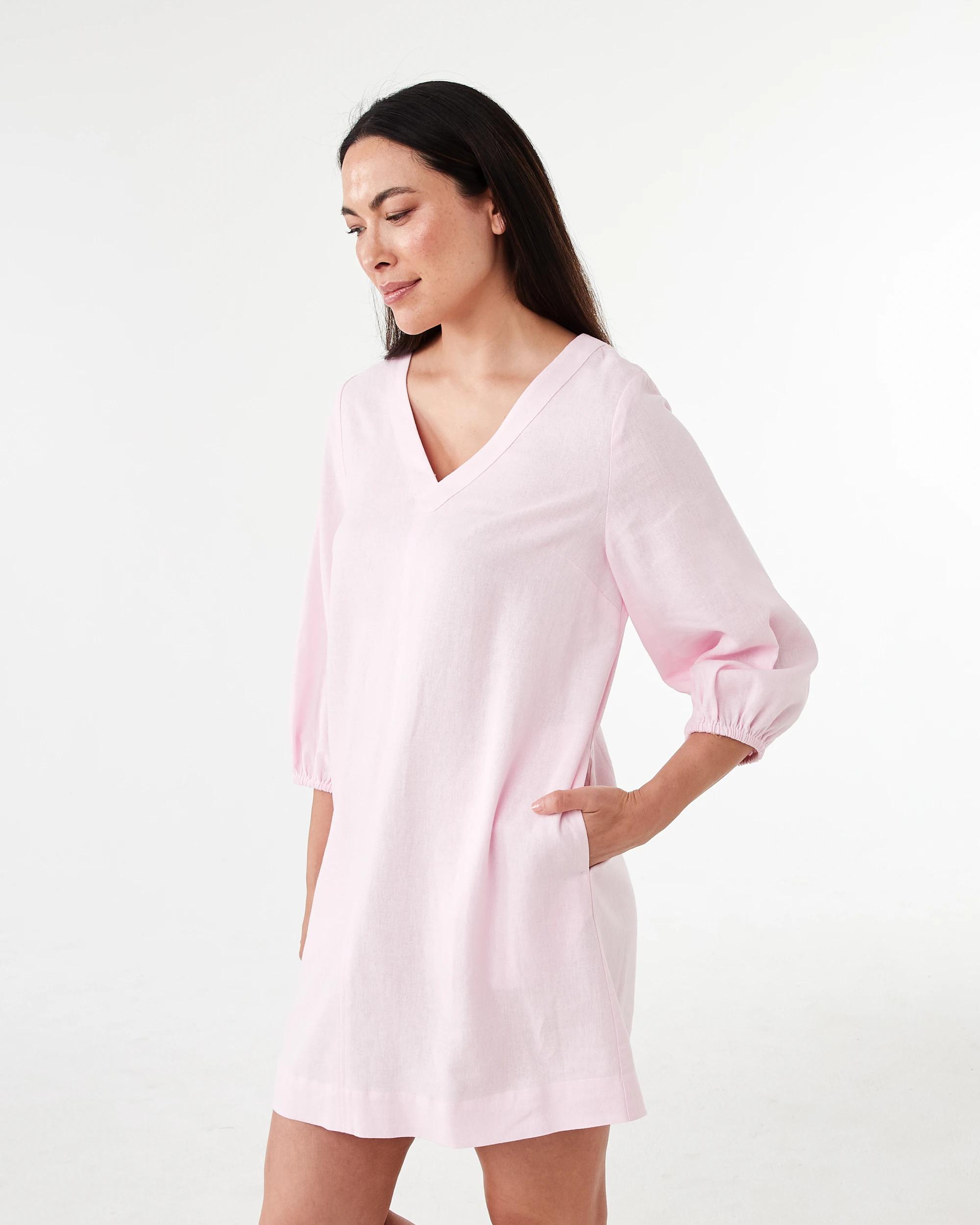 2 Long Sleeve Linen Blend V-Neck Mini Dress Bllet Pink, 2 of 7