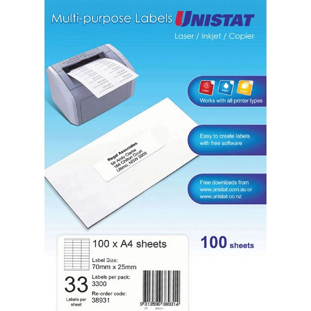 1 Unistat 33UP Inkjet Laser Labels 100 Sheets, 1 of 1