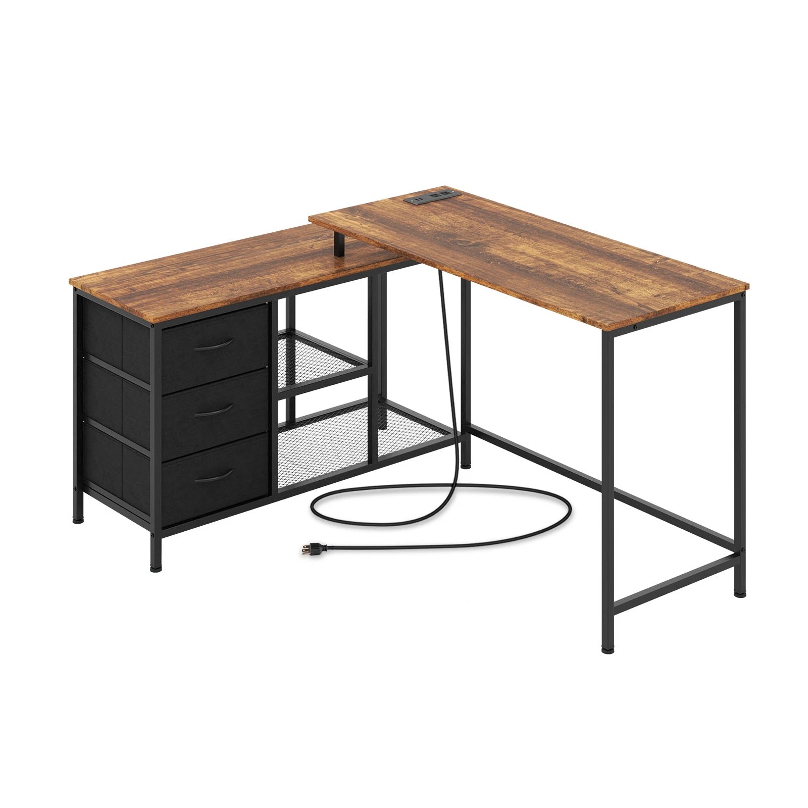1 Costway L-shaped Computer Desk Home Office Writing Desk w/3 Fabric Drawers & Power Outlet, 1 of 4