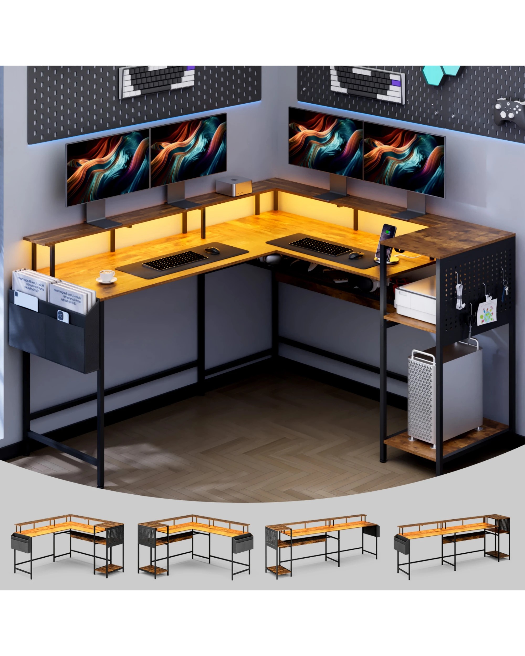 2 Advwin 150cm L Shaped Computer Desk w/ LED Lights & Power Outlets Convertible Gaming Desk  - Brown, 2 of 10