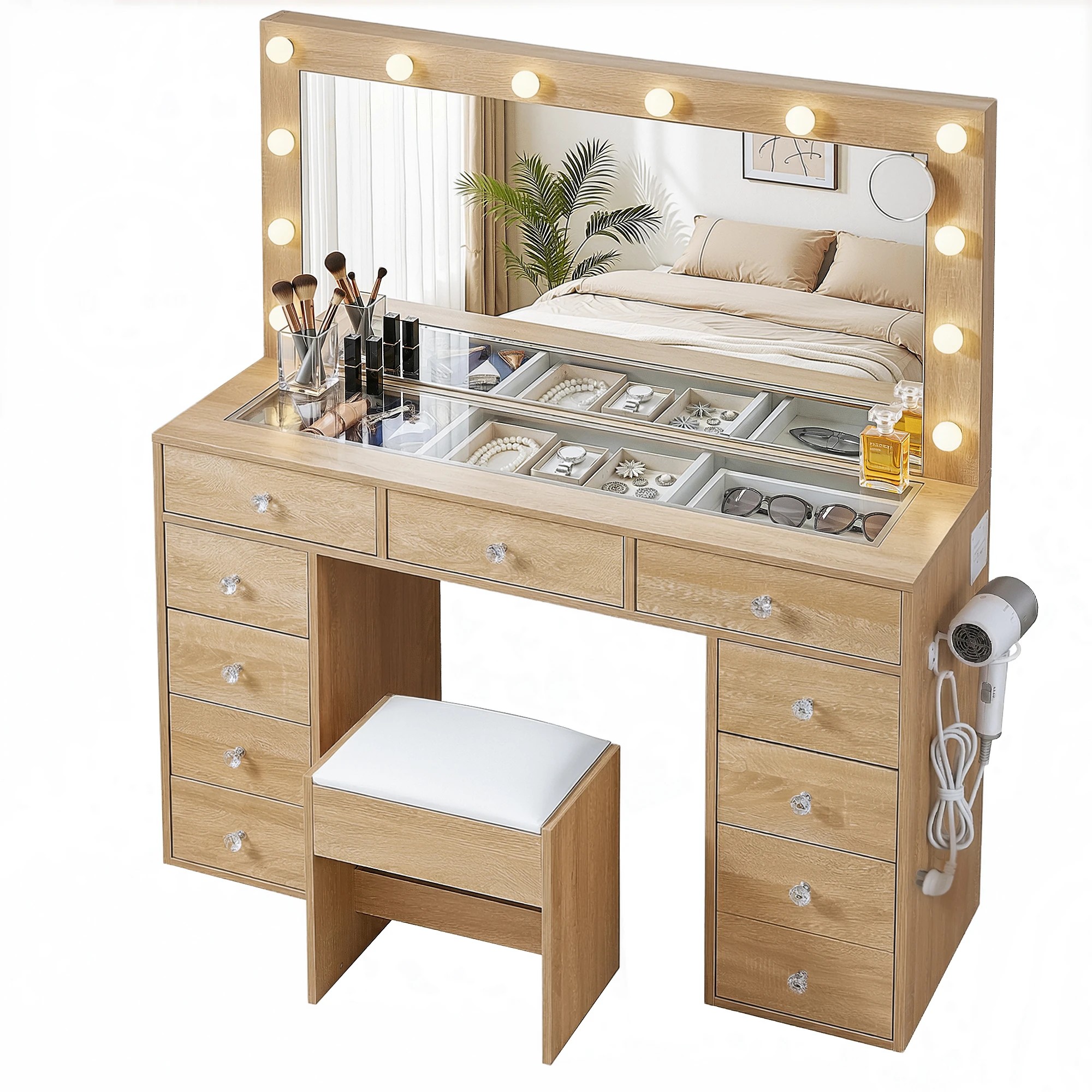 1 Artiss Dressing Table Vanity Desk Set Stool LED Bulbs - Brown, 1 of 2