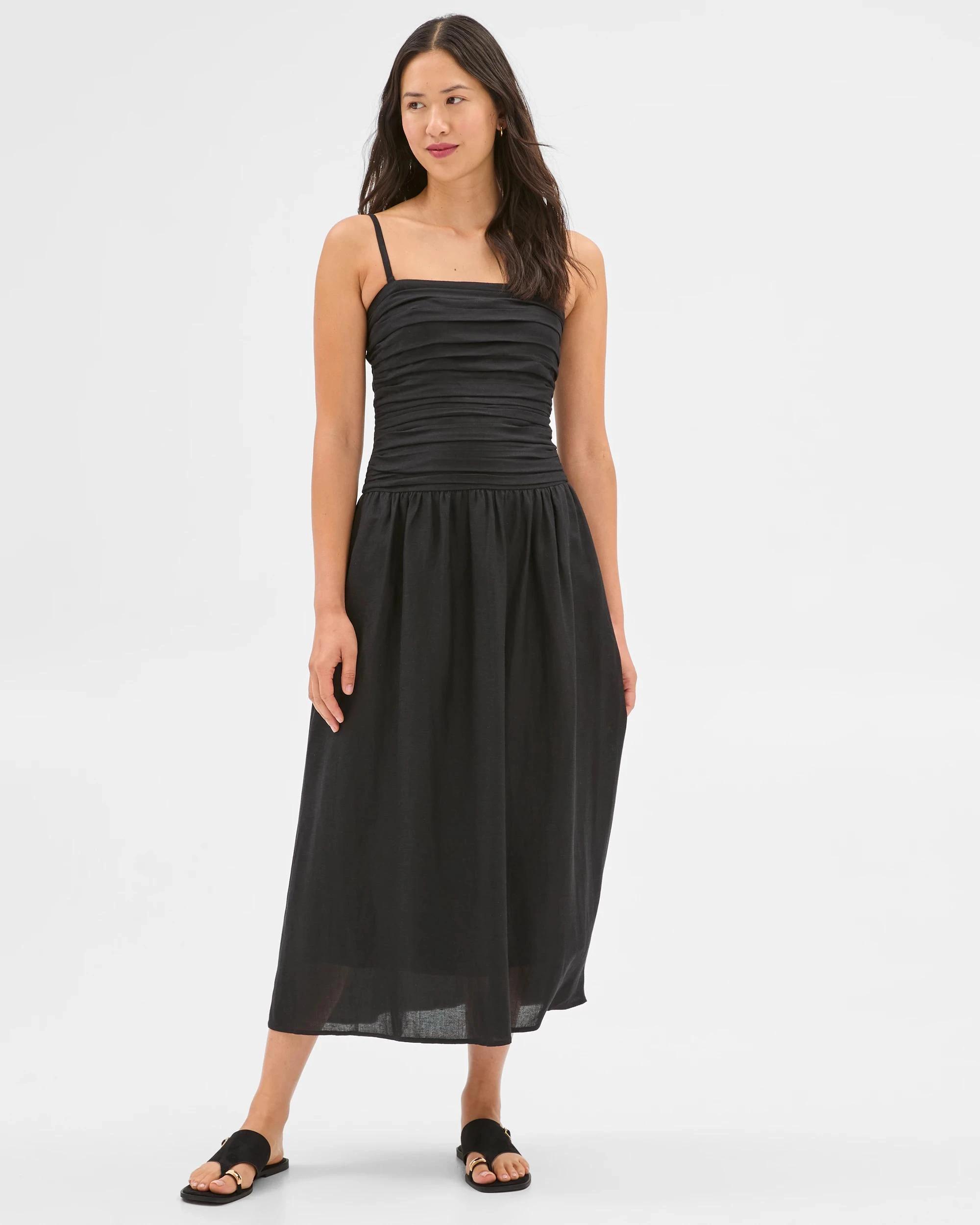 1 Gathered Sleeveless Midi Dress - Preview BLACK, 1 of 7
