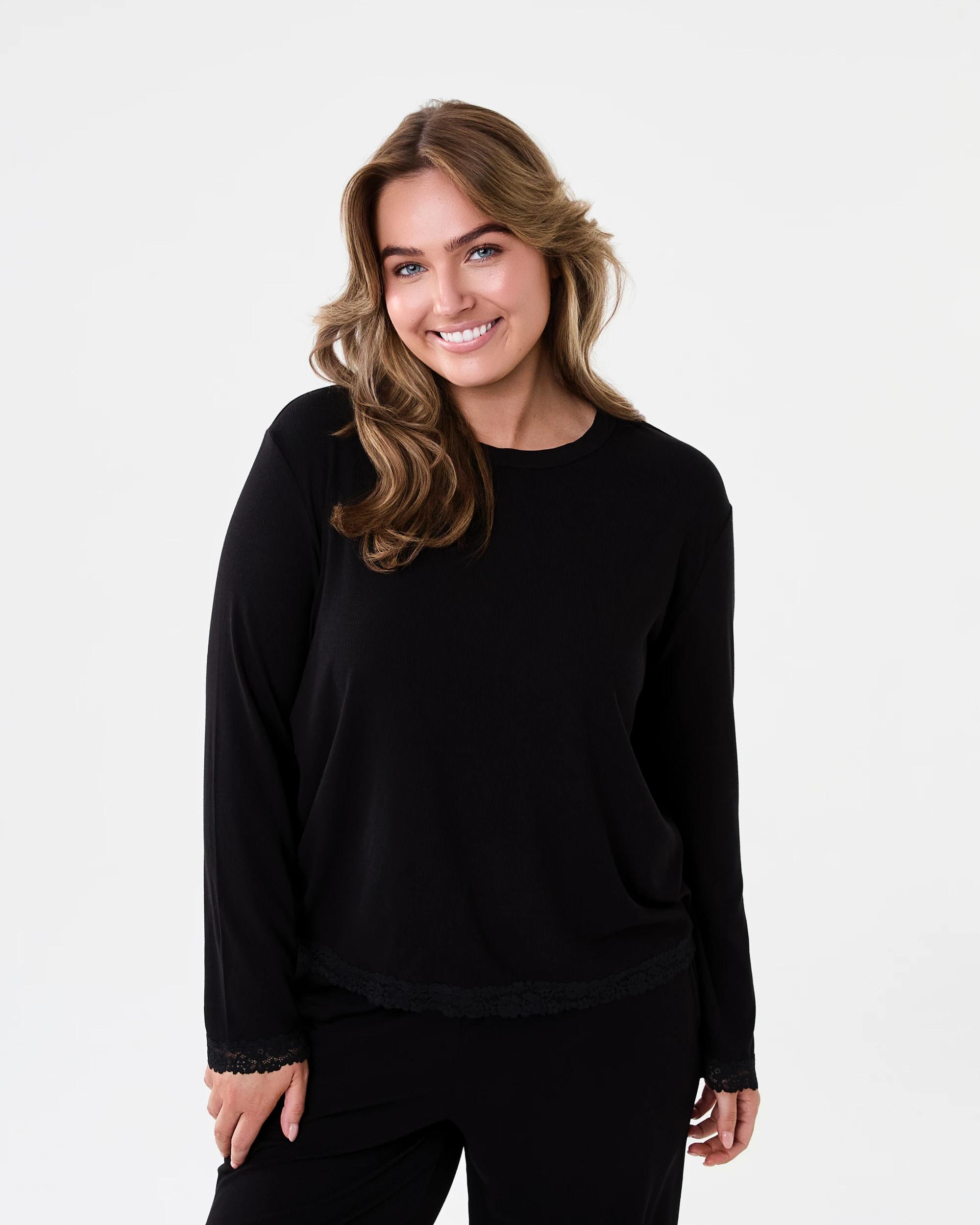 1 Rib Lace Trim Top Black, 1 of 6