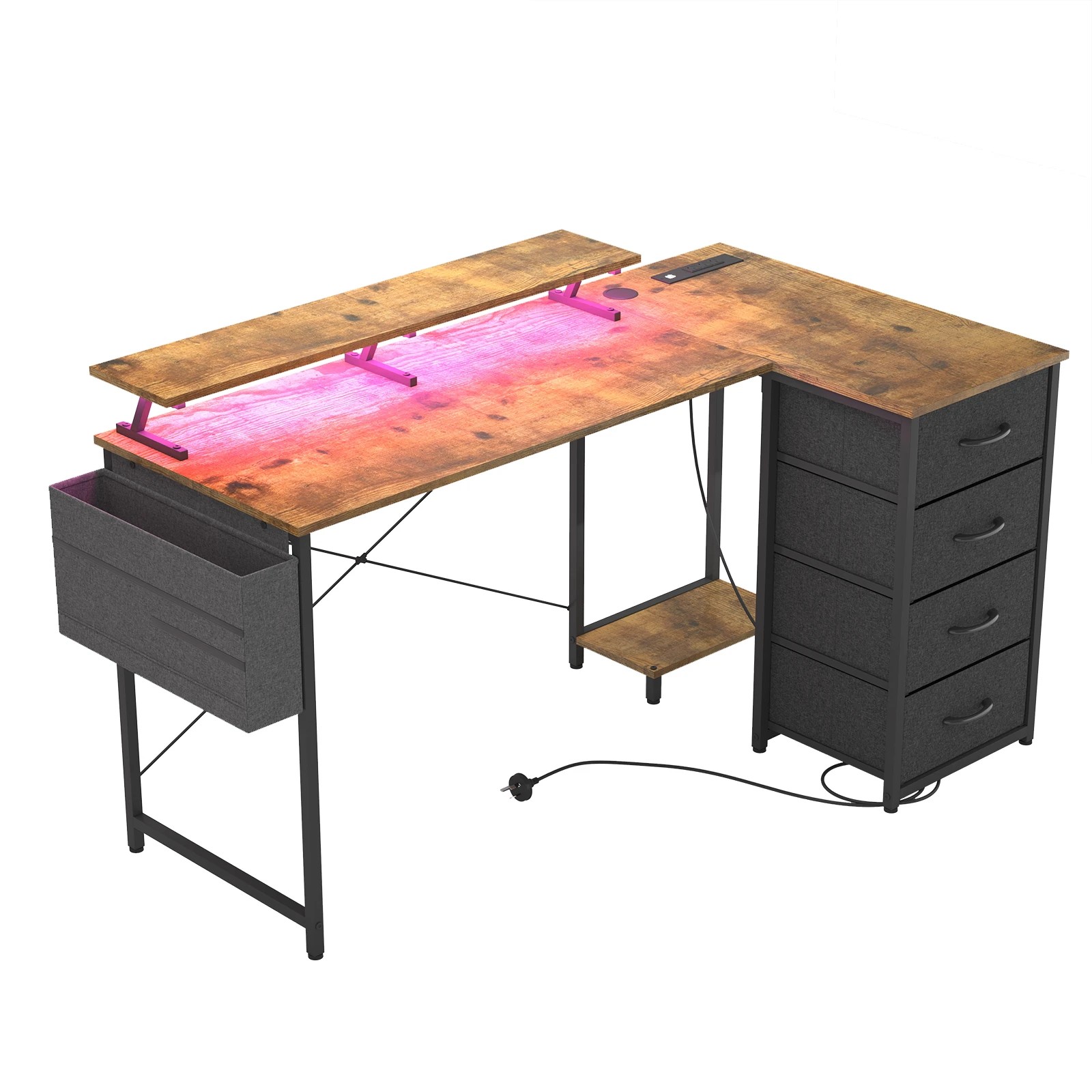 6 Advwin 140cm Walnut L Shaped Computer Desk With Led Lights & Power Outlets, 6 of 9