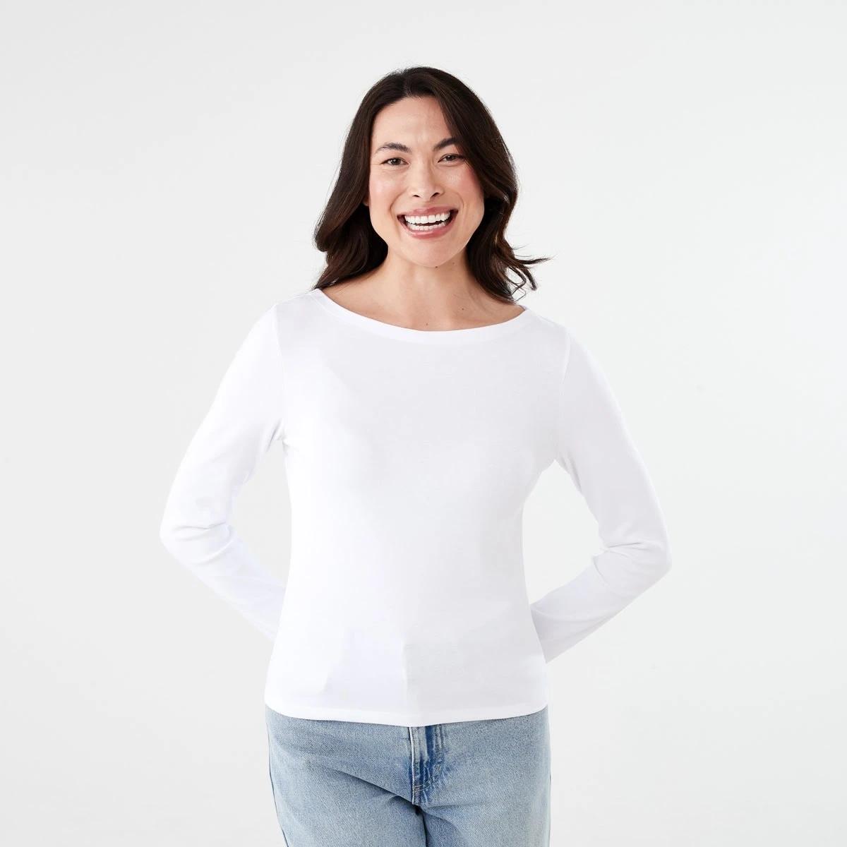 1 Long Sleeve Modal Boat Neck Top WHITE, 1 of 5