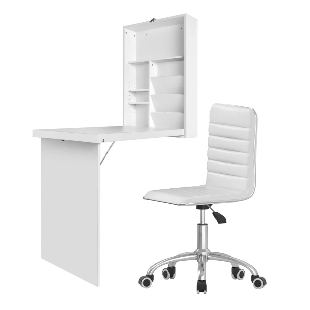 1 Artiss Computer Desk Office Chair Set PU Leather Wall Mount Foldable Table - White, 1 of 6