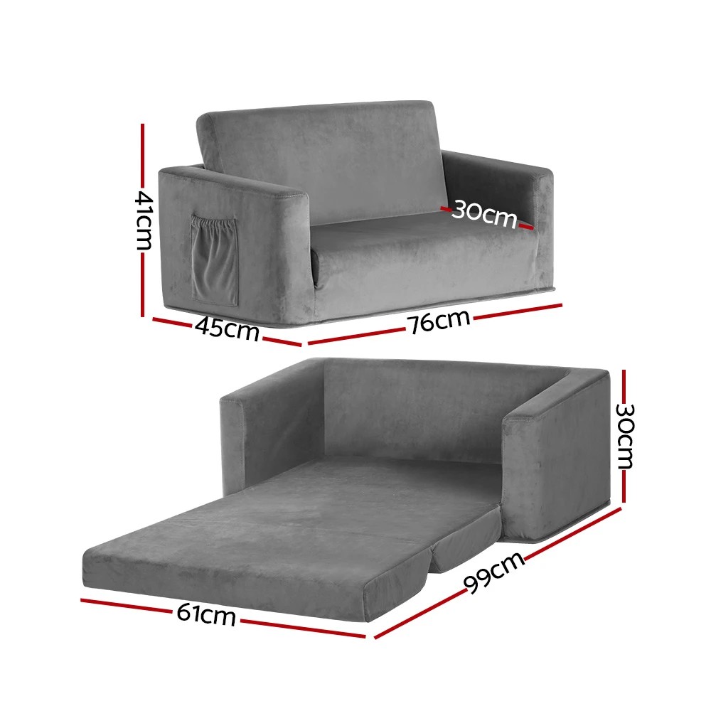 2 Keezi Kids Sofa 2 Seater Children Flip Open Couch Velvet Armchair - Grey, 2 of 5