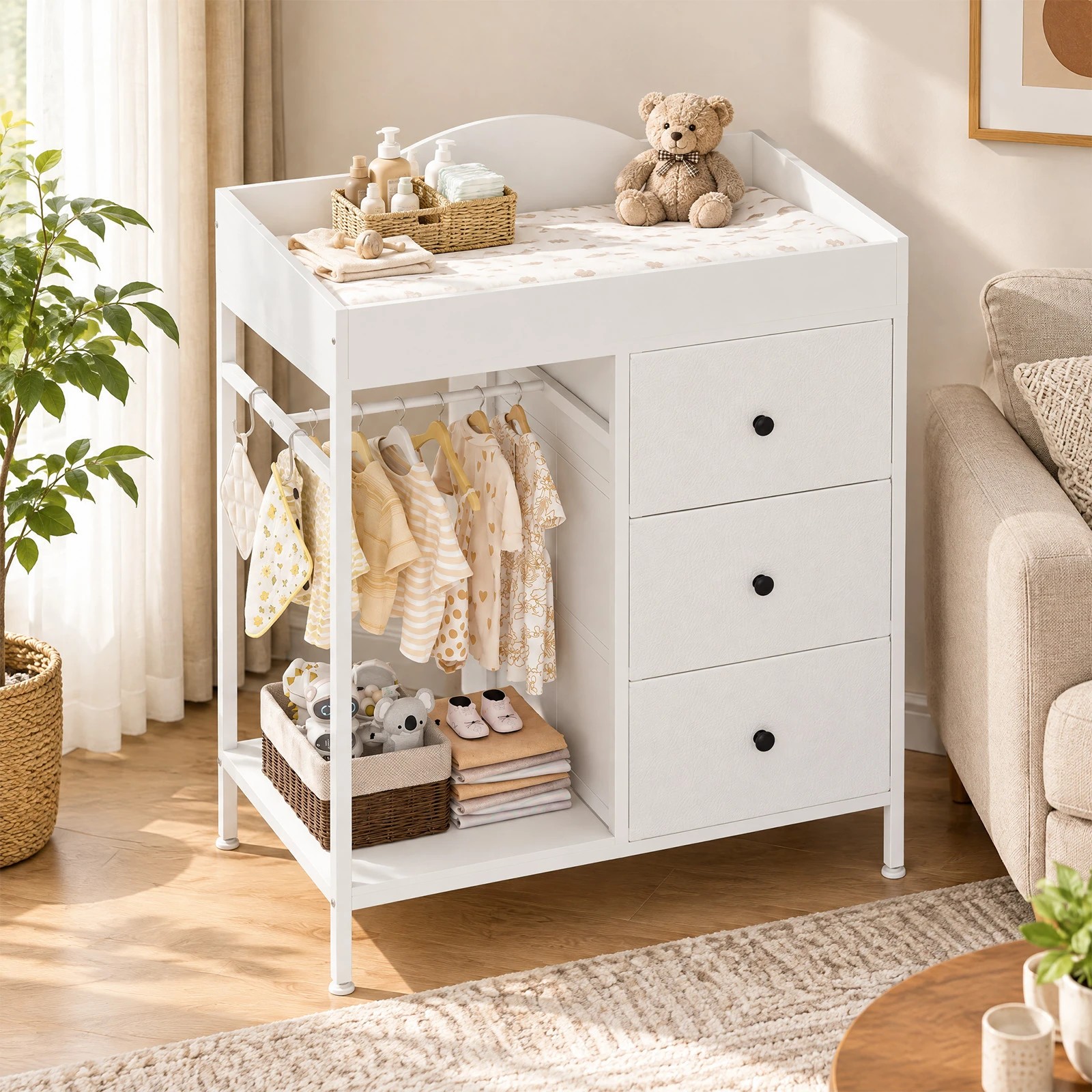 8 Advwin 3-Drawer Baby Change Table with Clothes Rail Lockable Casters - White, 8 of 9