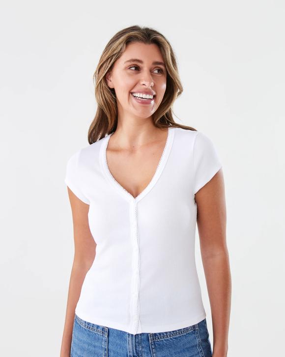 Short Sleeve Rib Button Detail Top