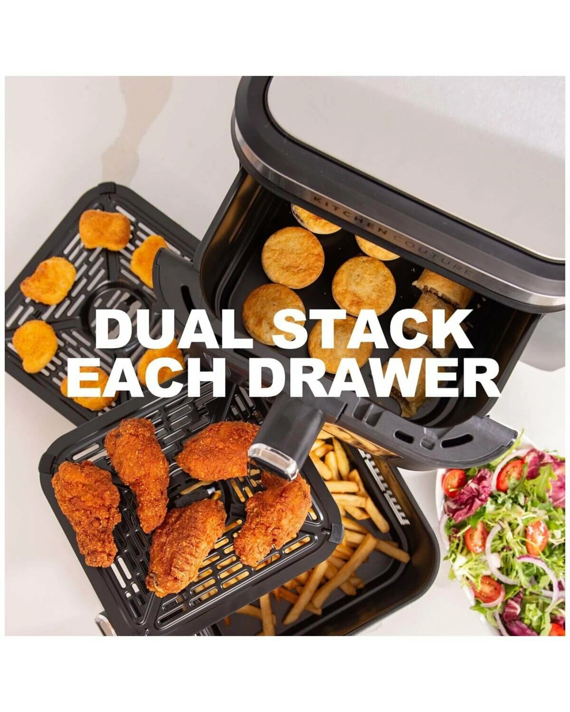 10 Kitchen Couture Vertex 11L Stacked Dual Basket Air Fryer, ClearView, 2200W - Black, 10 of 10