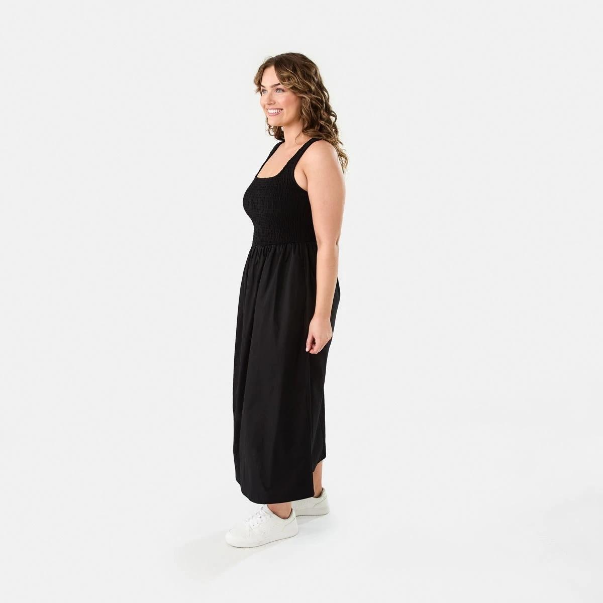 3 Sleeveless Shirred Knit Woven Midi Dress BLACK, 3 of 8