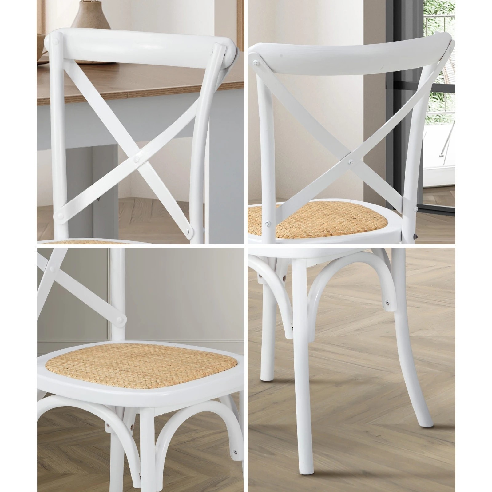 4 Oikiture 4PCS Crossback Dining Chair Solid Birch Timber Wood Ratan Seat - White, 4 of 9