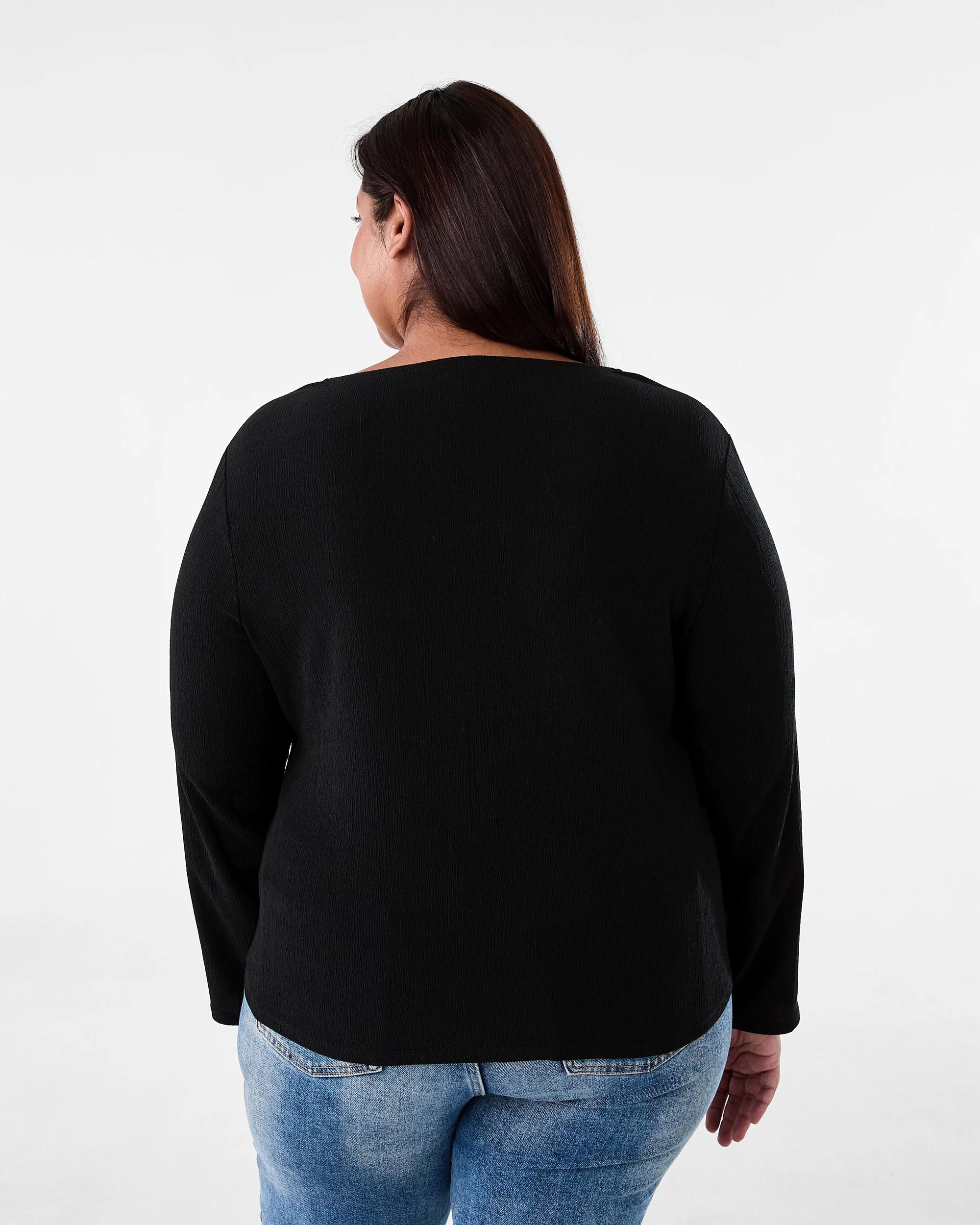 3 Curve Long Sleeve Textured Button Top Black, 3 of 6