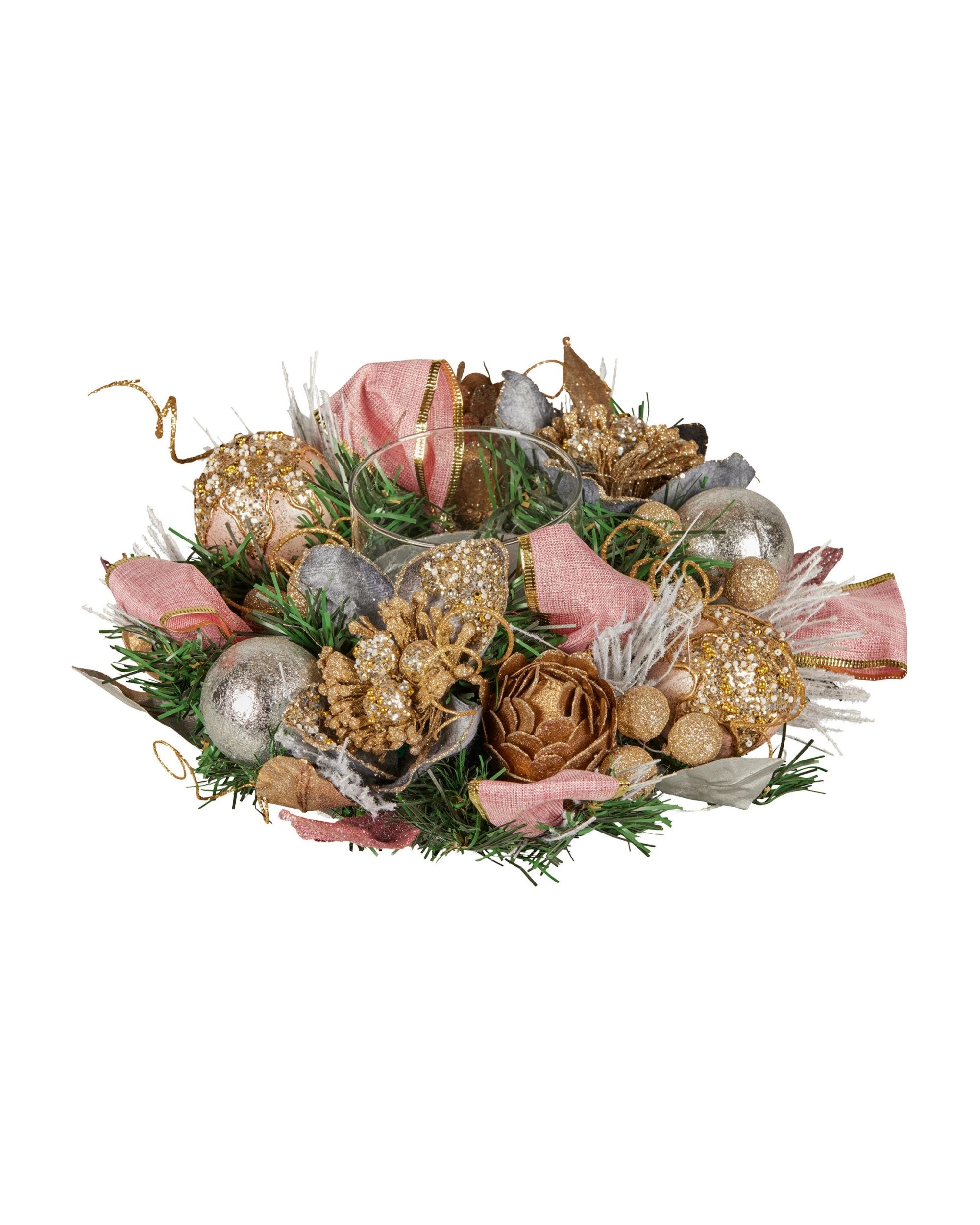 1 Christabelle 26cm Christmas Centrepiece Lush Green Holiday Jewelled Baubles Foliage Flowers Pine Cones Ribbon, 1 of 9
