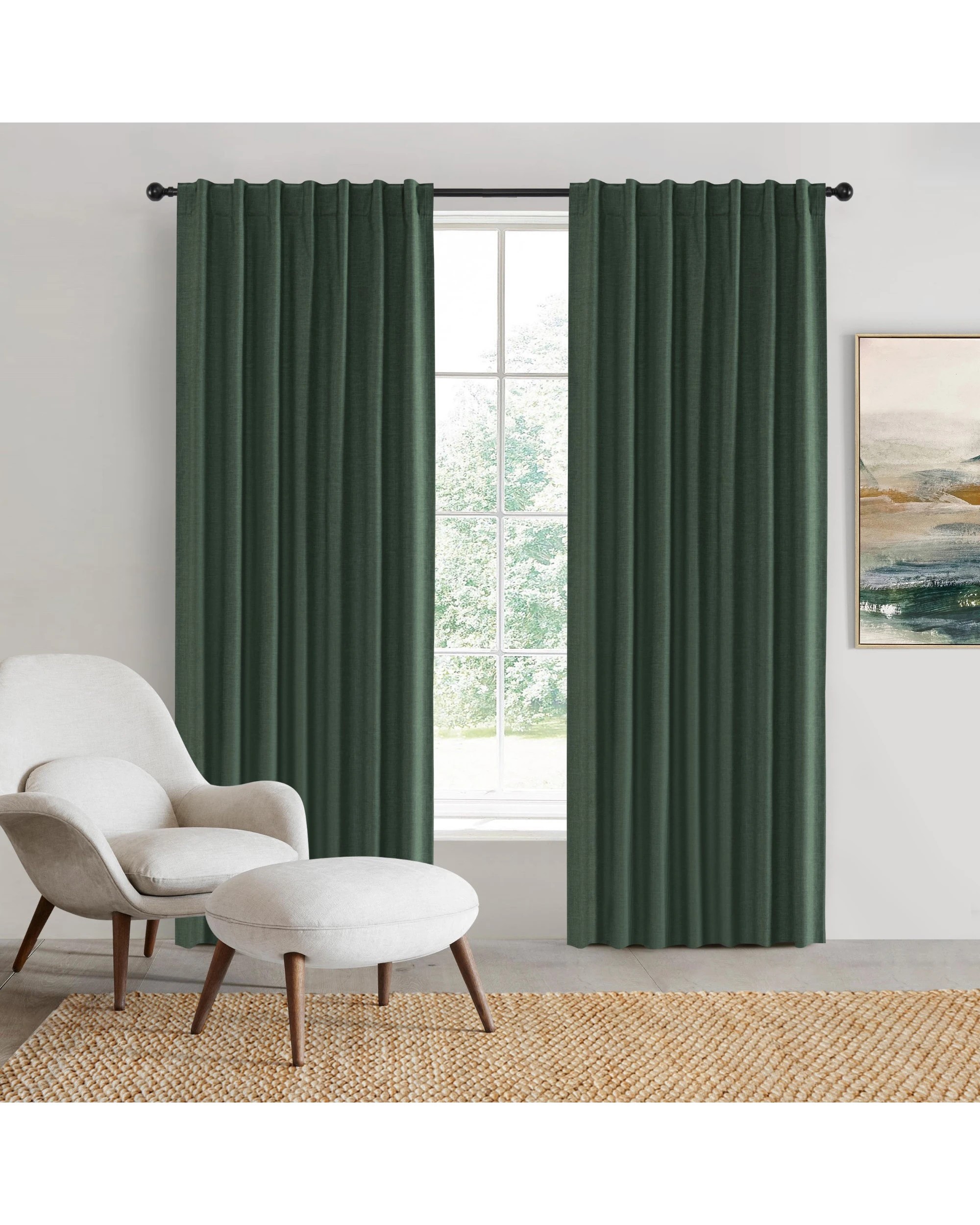 1 Sherwood Faux Linen 100% Blockout Concealed Tab Top Curtain Pair 135x223cm - Forest Green, 1 of 6