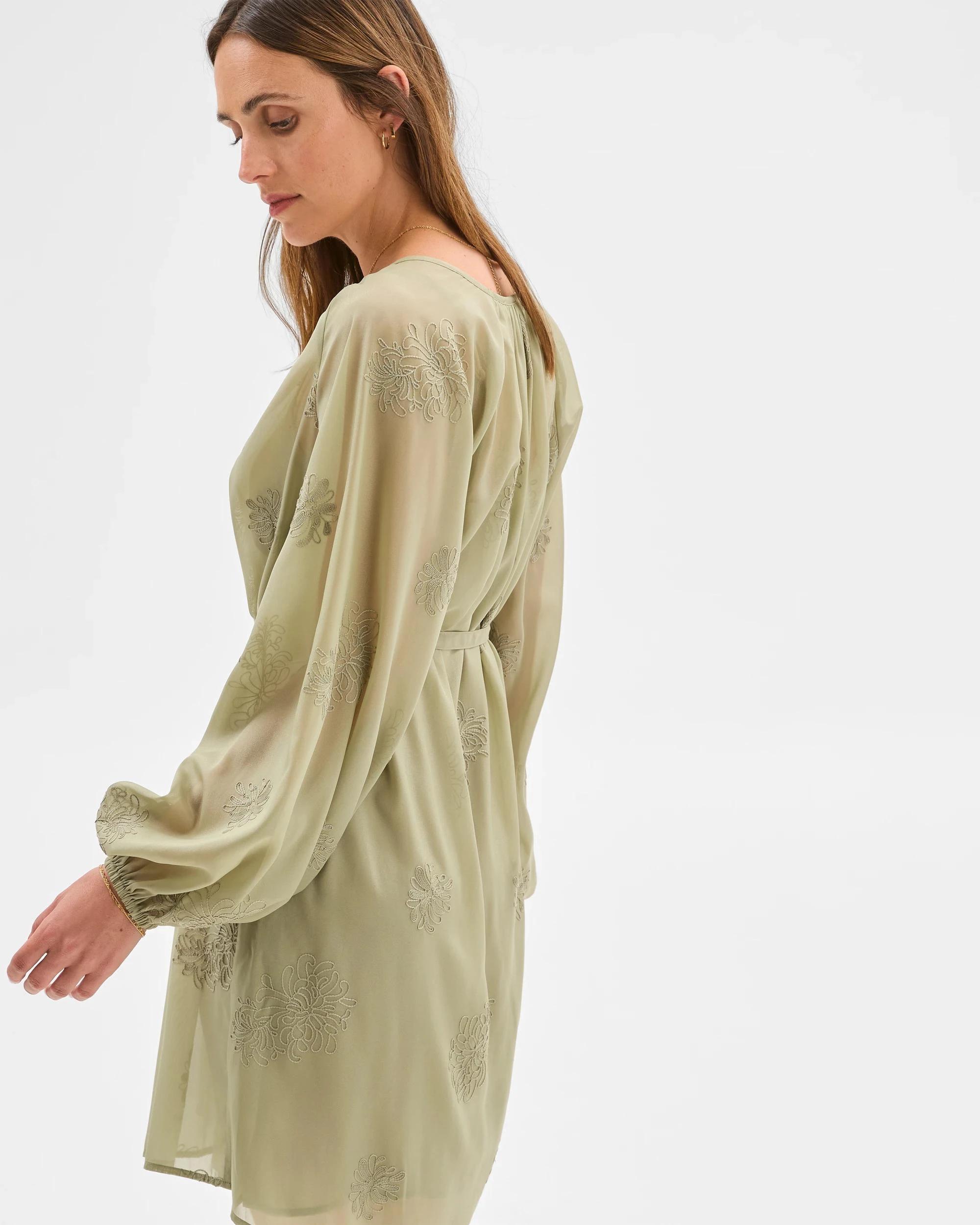 6 Preview Long Sleeve Embroidered Detail Mini Dress MOSS, 6 of 6