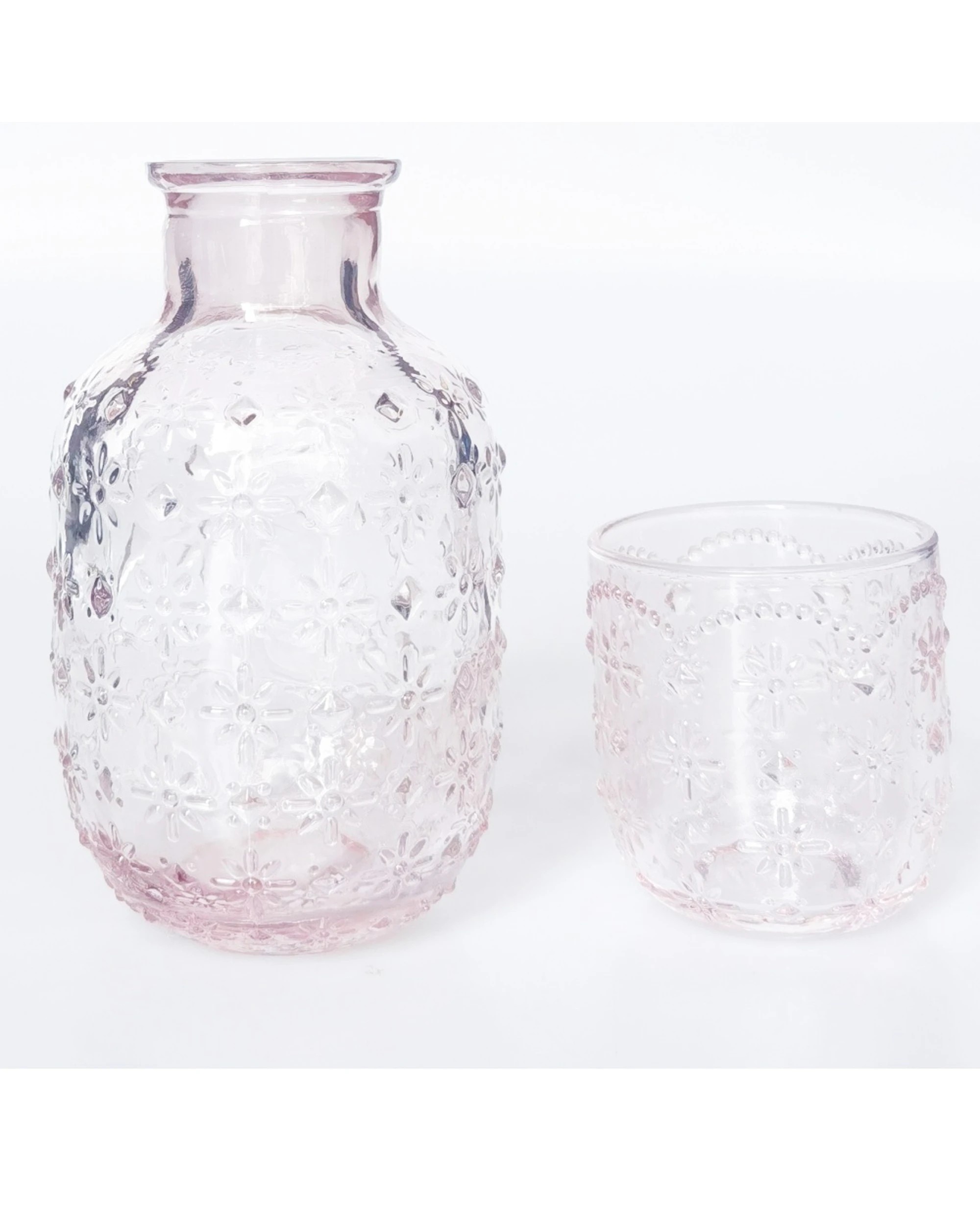 4 Urban Products 2pc Mari Floral Embossed Carafe Glass Set Decorative Vases 19cm - Pink, 4 of 4