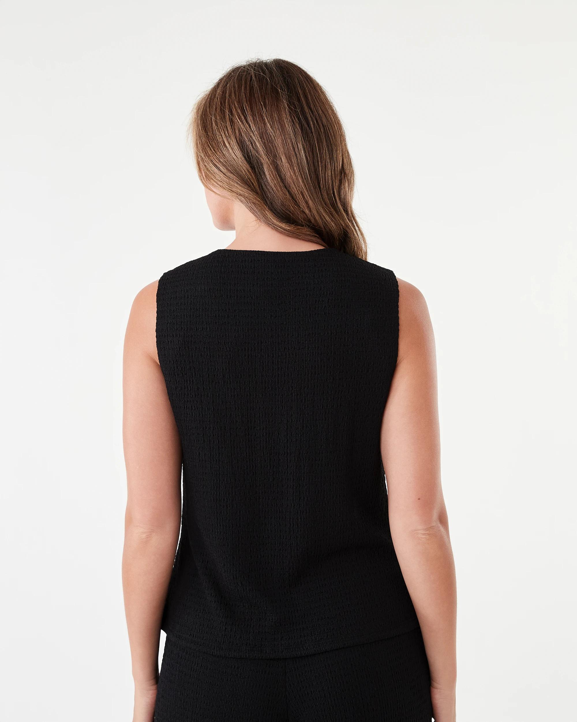 3 Sleeveless Textured Button Through Top Black, 3 of 7