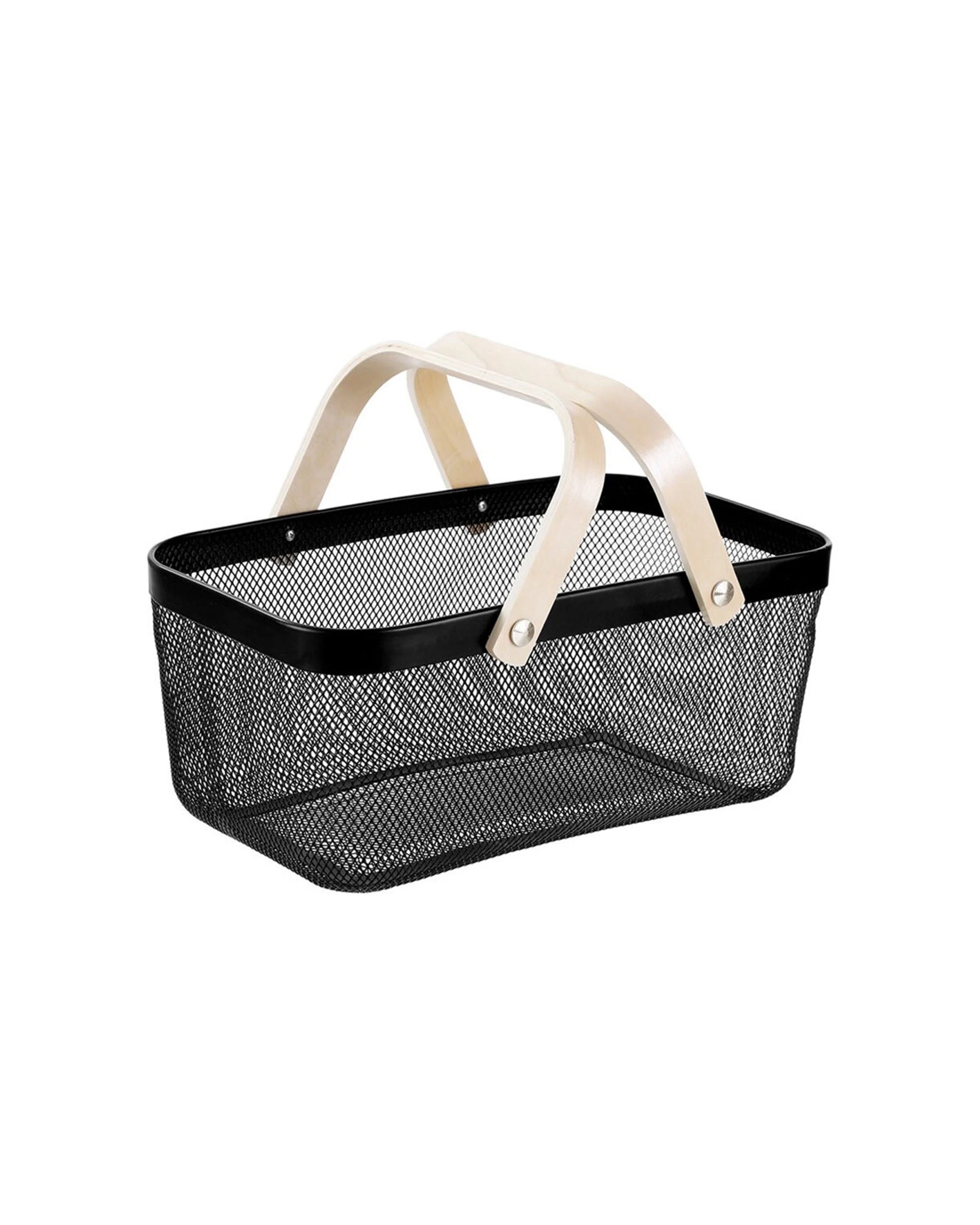 1 Boxsweden 40x25x17cm Mesh Storage Basket With Birch Wooden Handle - Black, 1 of 3