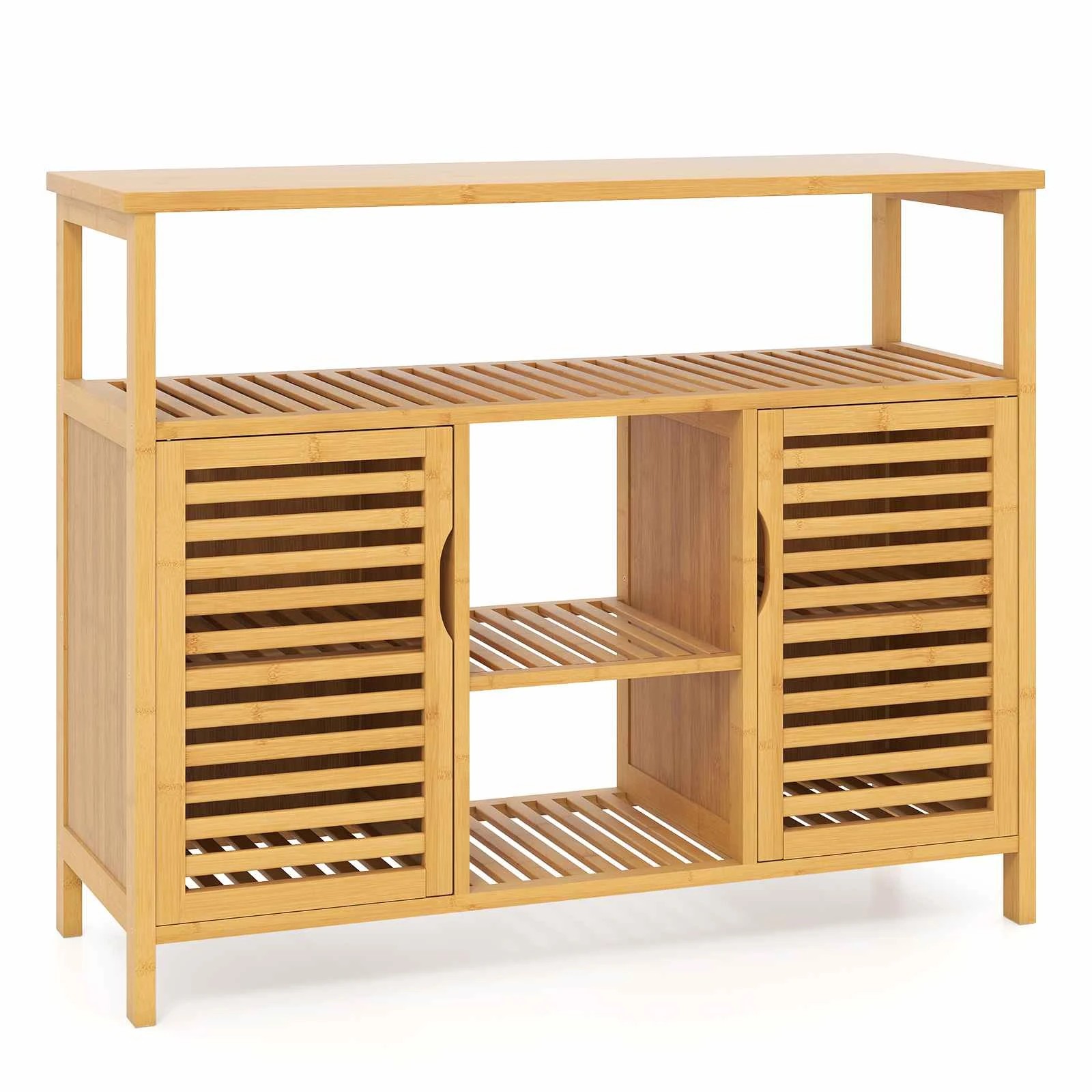 1 Costway Bamboo Bathroom Cabinet 2-Door Storage Organizer Freestanding Storage Unit, 1 of 4