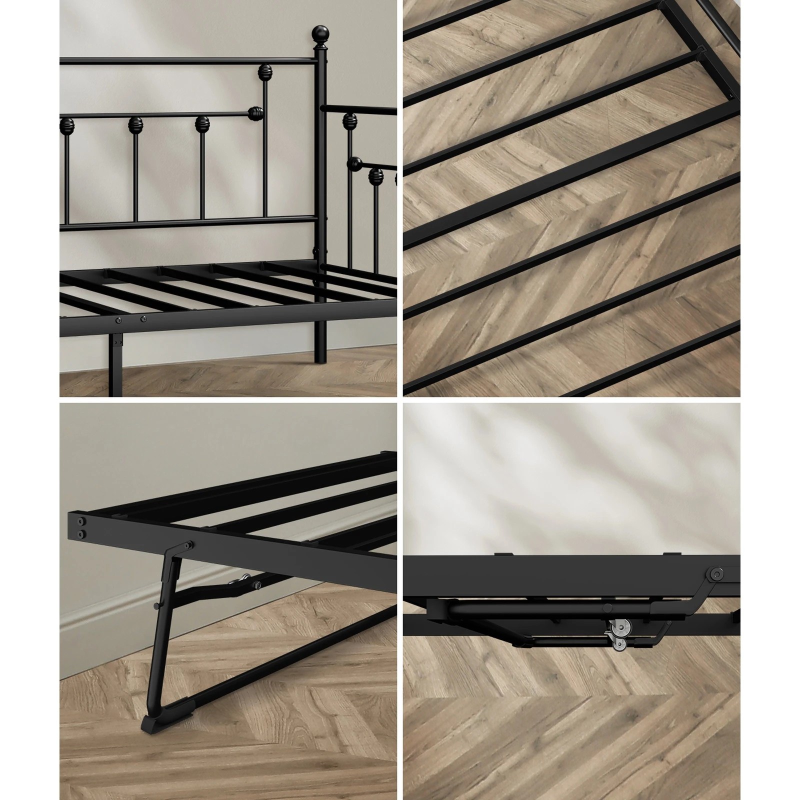 4 Oikiture Trundle Bed Frame Daybed Single Size Base Metal 2x Single Beds - Black, 4 of 8