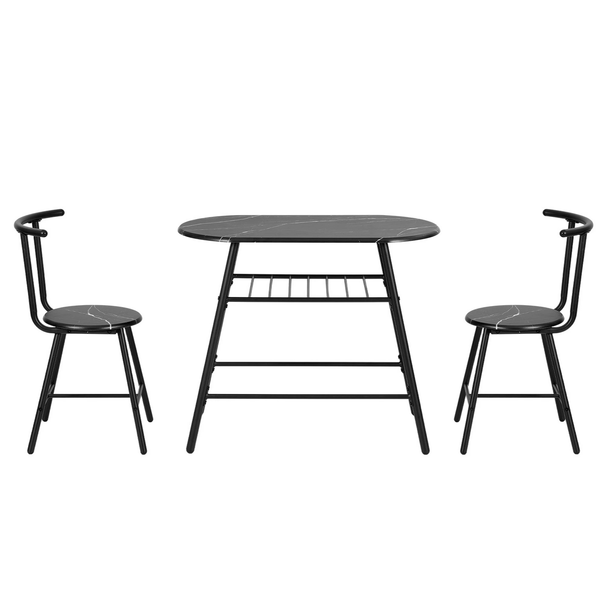 1 Artiss Dining Table Set 3PC Bistro Kitchen Storage Wine Rack  Marble Style - Black, 1 of 6