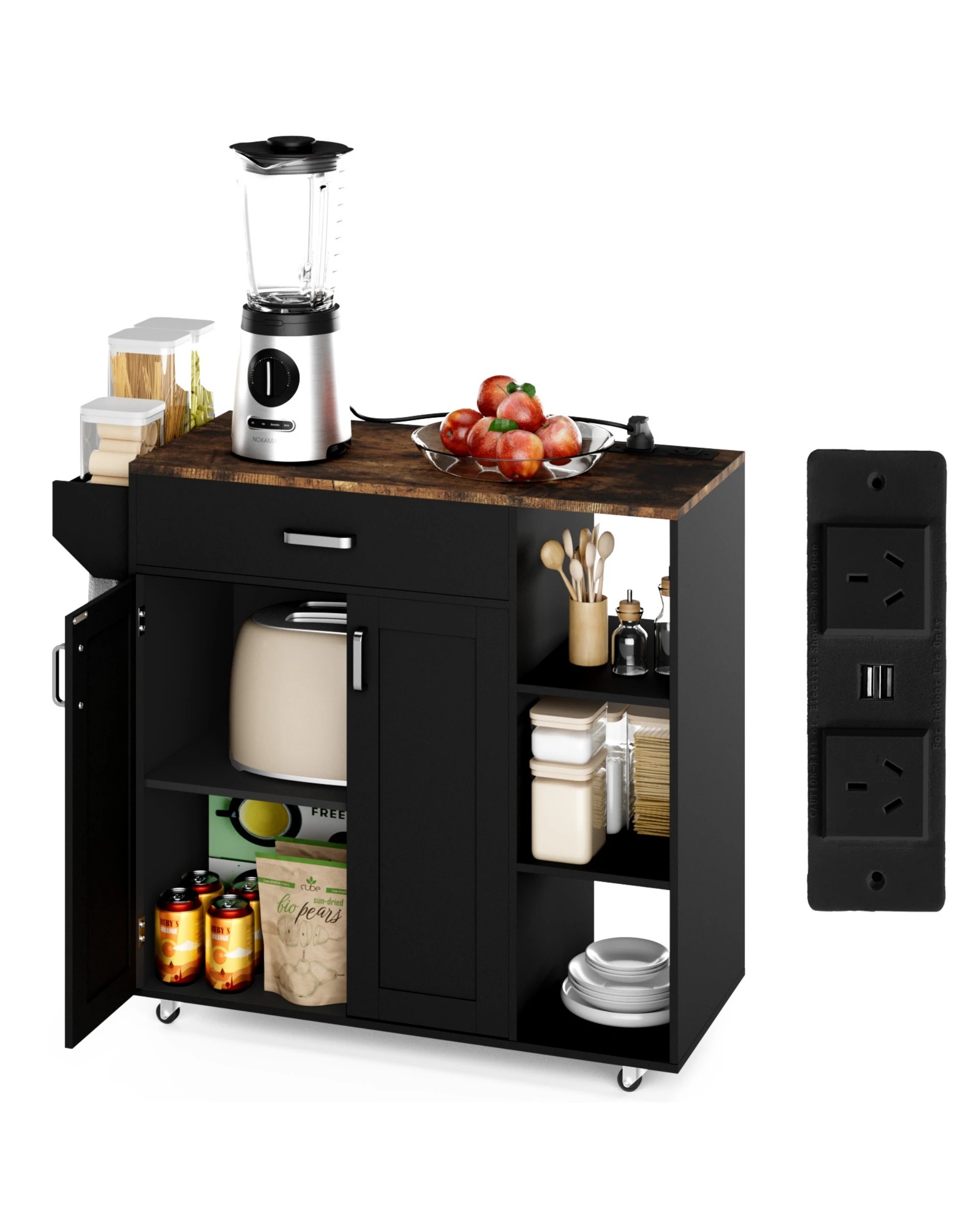 6 Advwin Kitchen Island Cart Rolling Trolley Cabinet on Wheels with Charging Station Adjustable Shelves Spice Rack - Black, 6 of 8