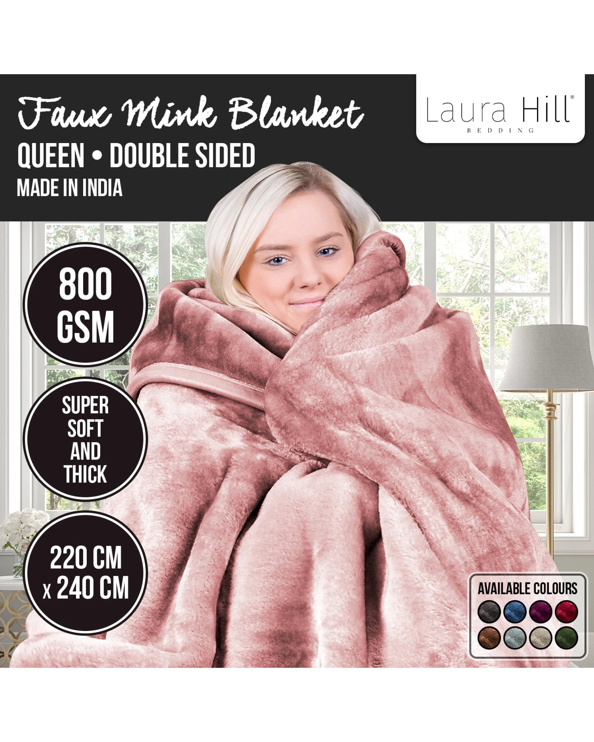 10 Laura Hill 800-gsm Mink Blanket Double-sided Soft Plush Bed Faux Throw Rug Pink
 - Queen Bed, 10 of 10