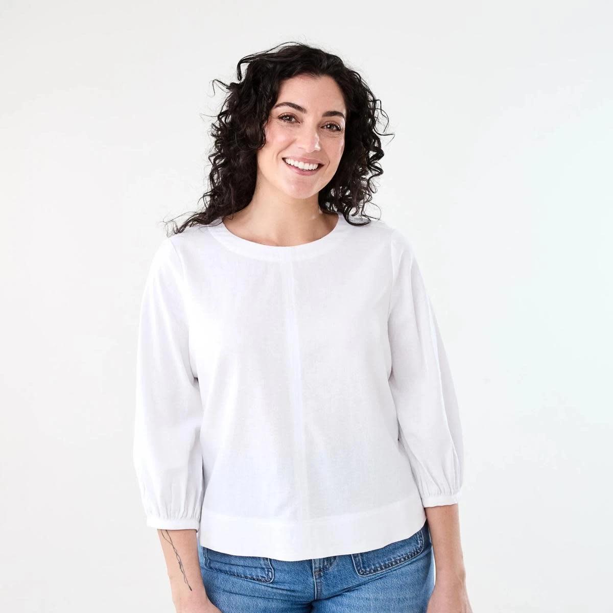 1 Long Sleeve Linen Blend Top WHITE, 1 of 7