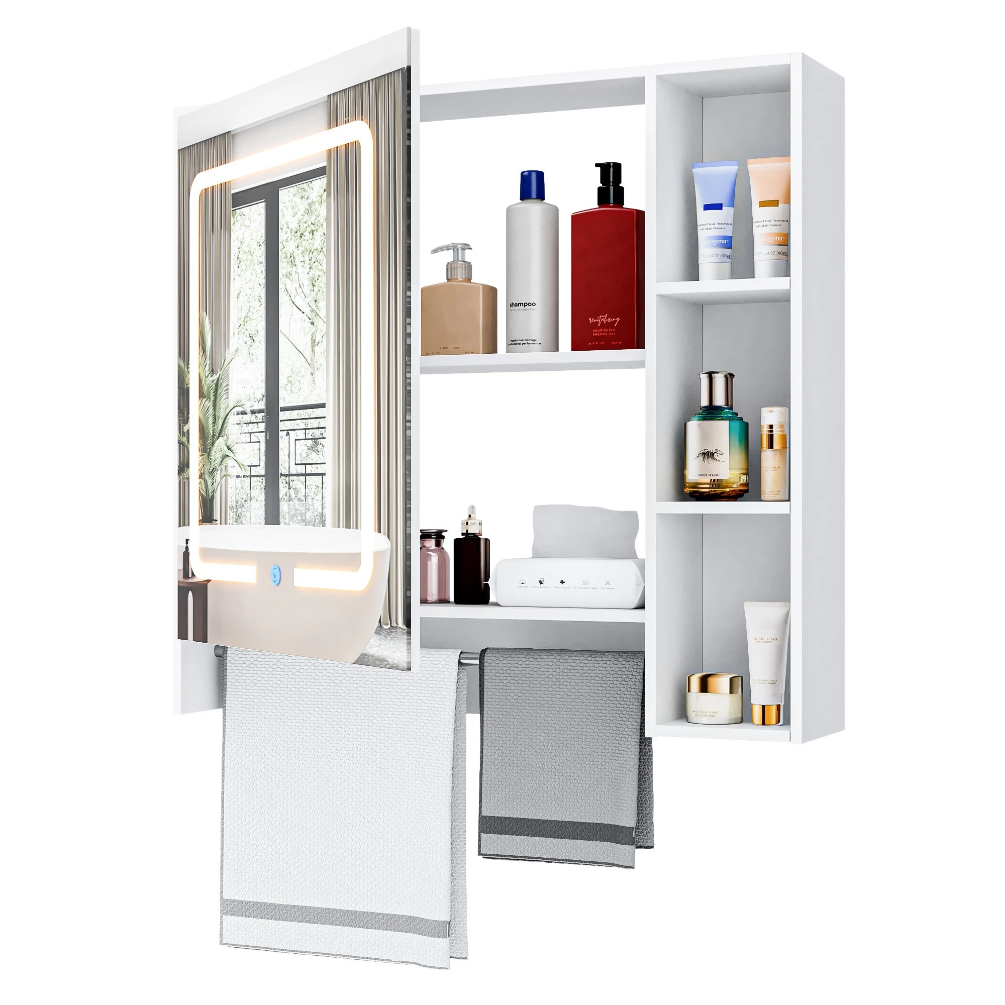 4 Advwin 730 x 700mm Cabinet LED Medicine Storage Mirror Shaving Cupboard w/ Tower Rack, 4 of 9