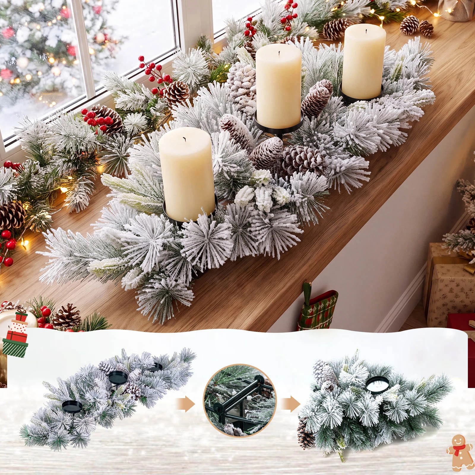 4 Costway 72cm Foldable Christmas Centerpiece 3 Flocked Xmas Candle Holder Without Candle, 4 of 8