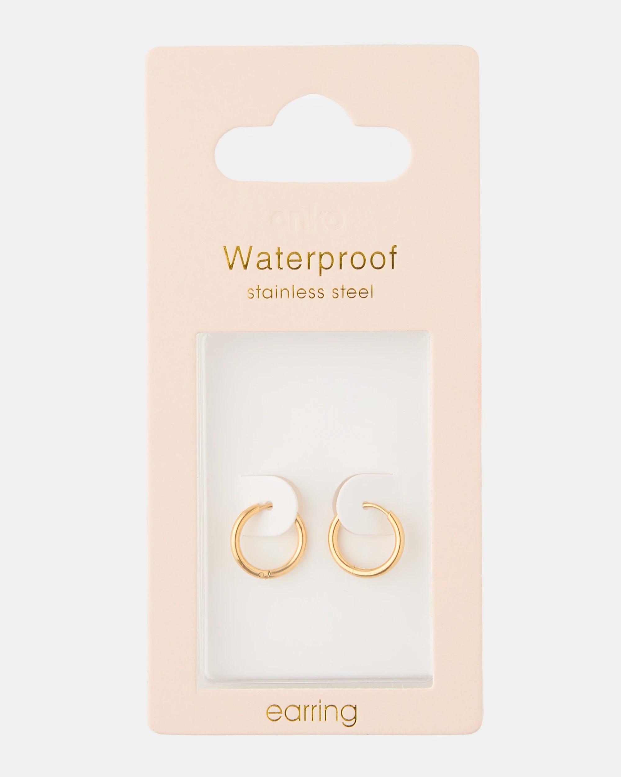 4 Waterproof Stainless Steel Hoop Earrings - Gold Tone Gold, 4 of 5