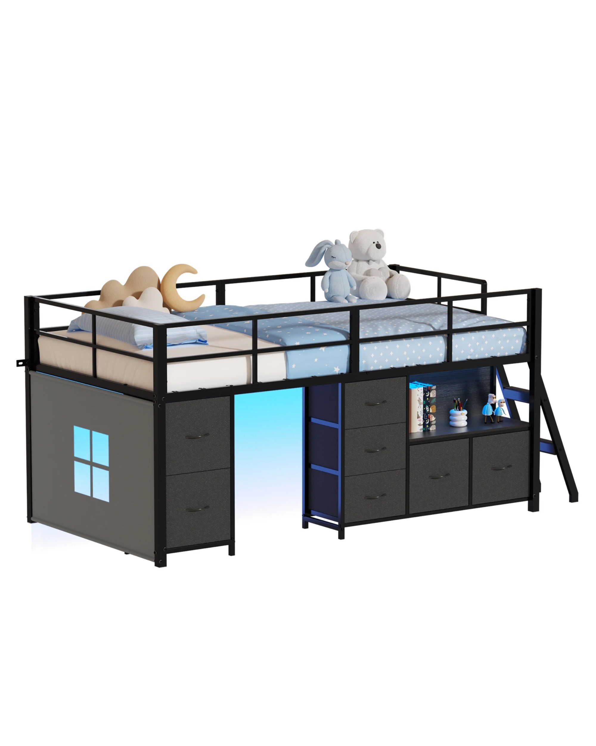 1 Advwin King Single Low Loft Bed with 7 Drawers Bookcase LED Light for Kids - Black, 1 of 6