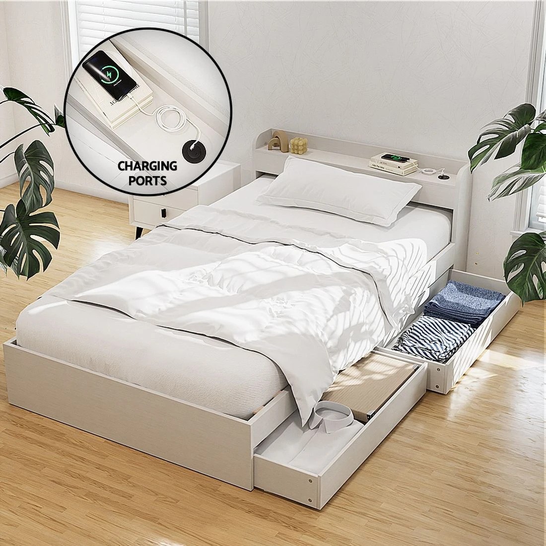 2 Artiss Bed Frame Single Size With Charging Ports And 2 Drawers Durable Space Saving Modern Decor Easy Assembly - White, 2 of 10