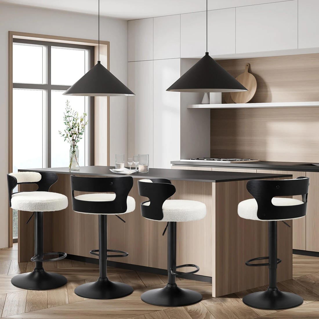 3 Oikiture 4x Bar Stools Kitchen Gas Lift Swivel Chairs Stool Wooden Boucle
 - White, 3 of 9