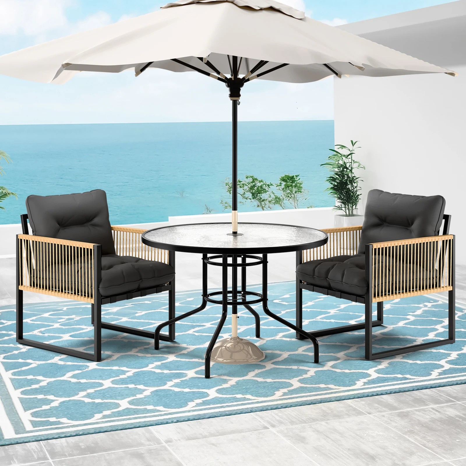 3 Alfordson Outdoor Furniture Dining Table Lounge Chairs Set Glass Wicker Loveseat - Black Grey, 3 of 10