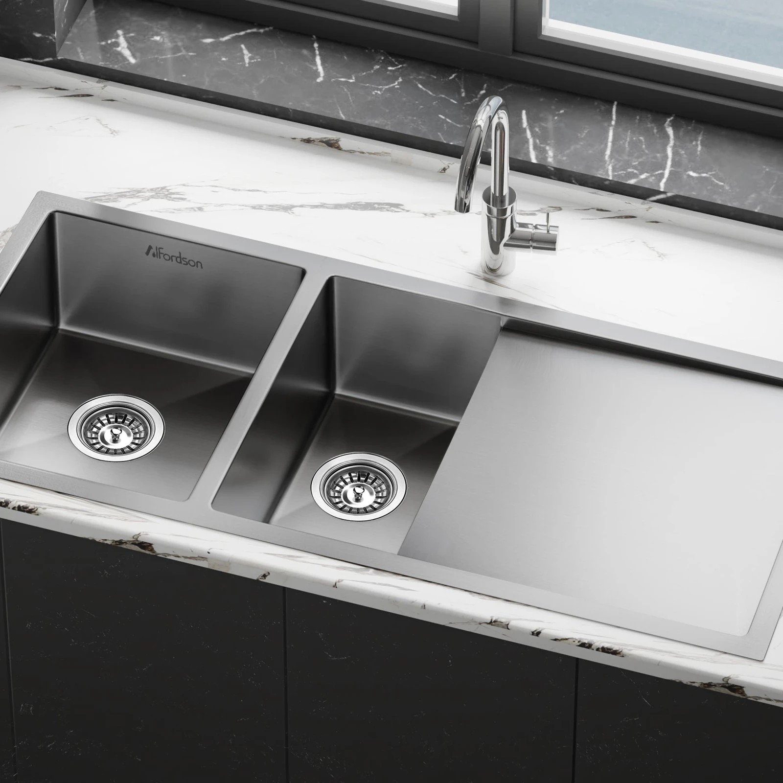 2 Alfordson Kitchen Sink 100x45cm Stainless Steel Basin Double Bowl Drainboard - Silver, 2 of 8