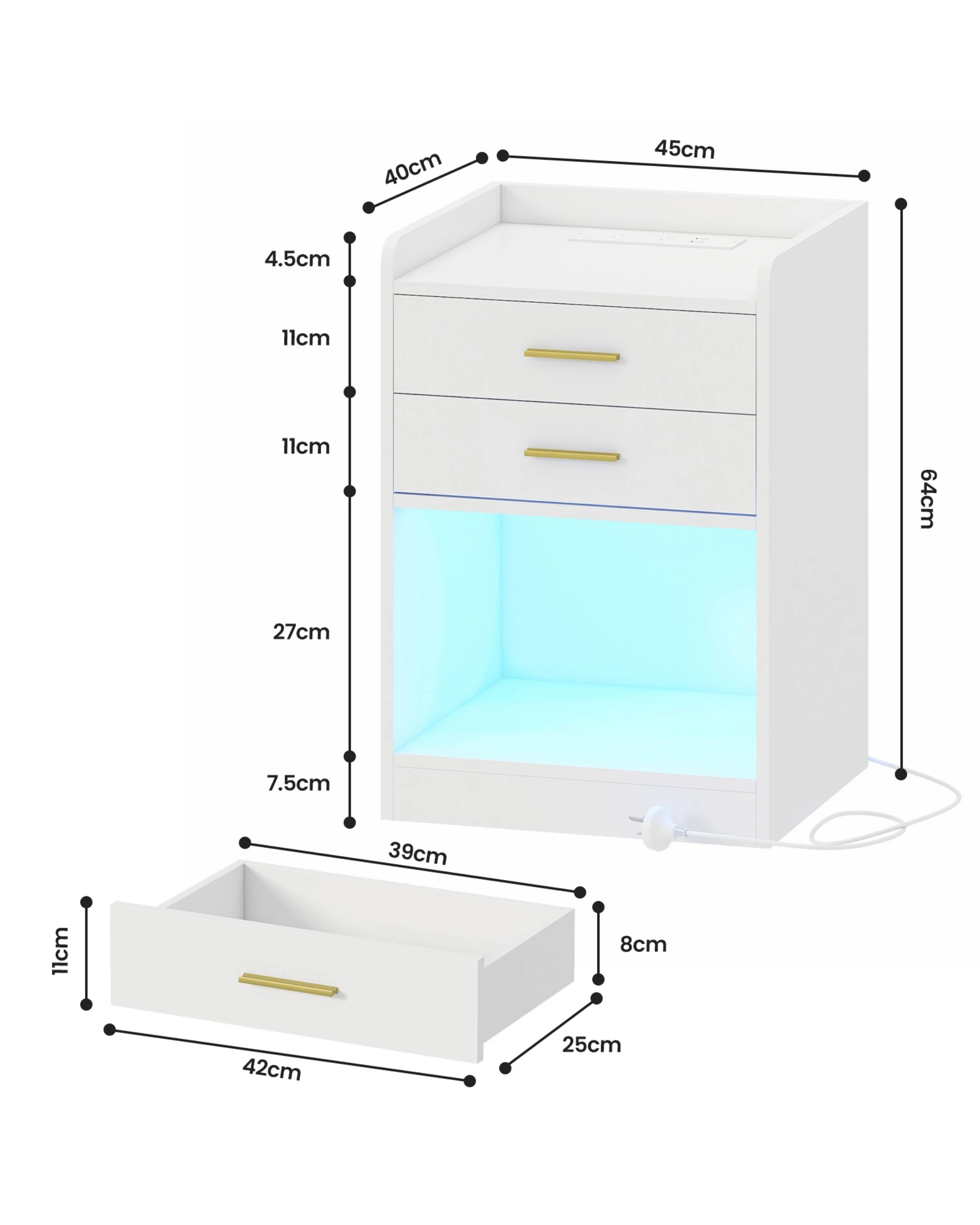 2 Advwin LED Bedside Table with Charging Station 2 Drawers Nightstand - White, 2 of 8