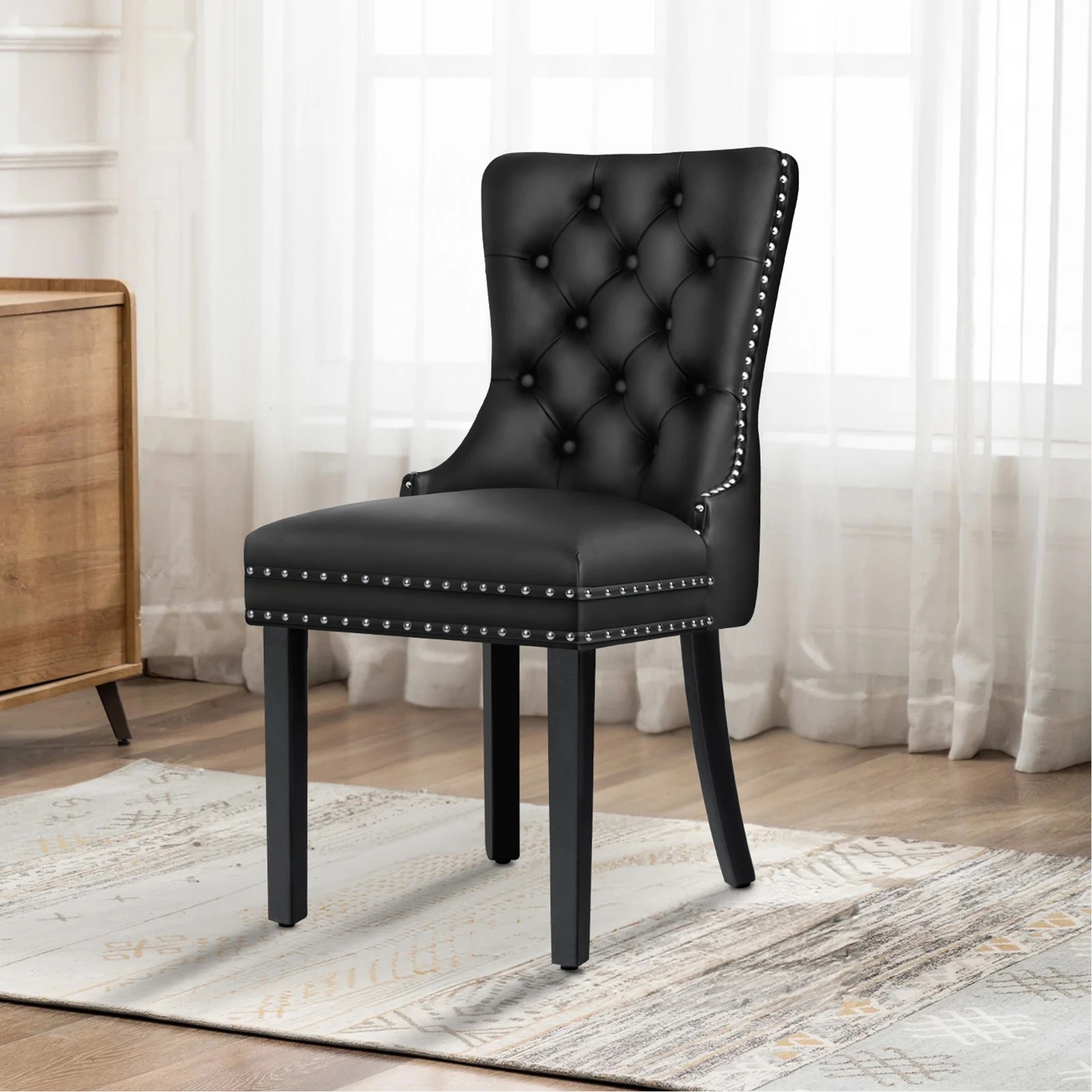 8 Alfordson 4x Dining Chairs Kitchen Lounge Retro Button Tufted PU Leather - Black, 8 of 10