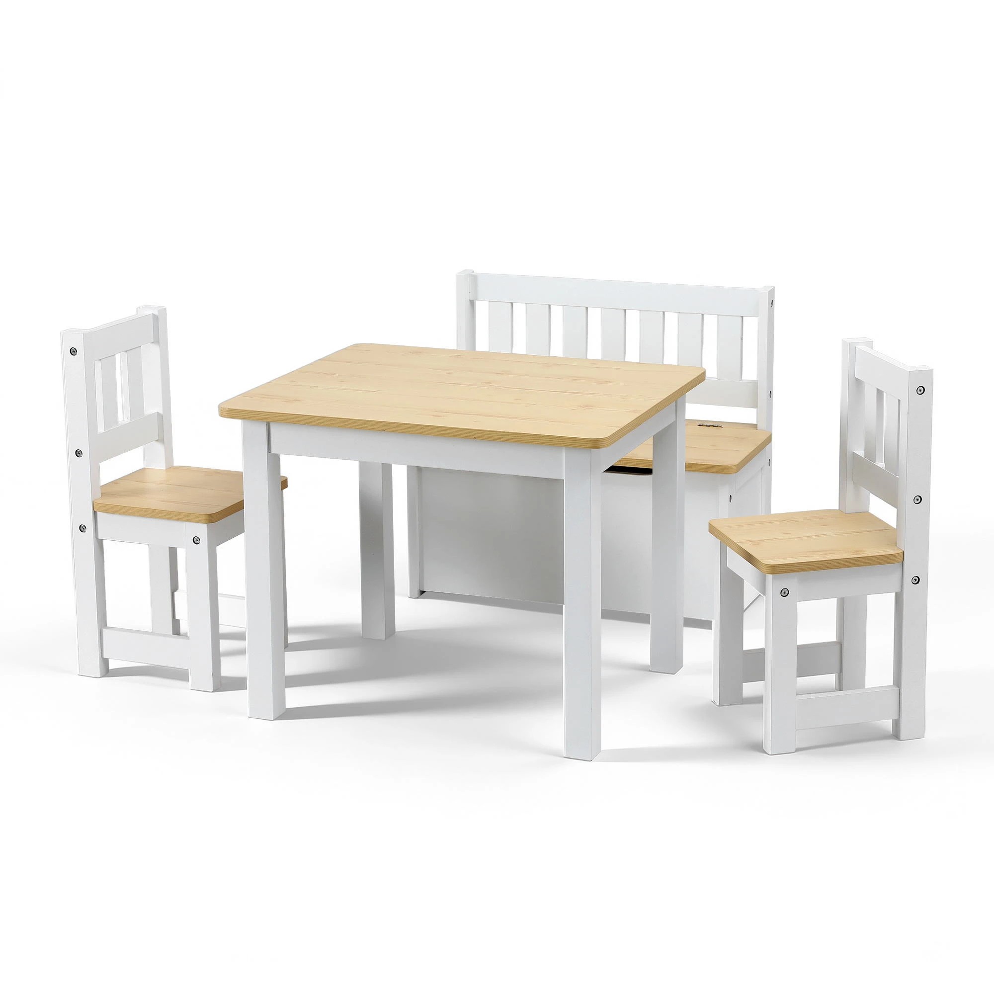 1 Keezi 2-in-1 Kids Table & Chair Set w/ Storage Bench, 2 Chairs - Natural, 1 of 2
