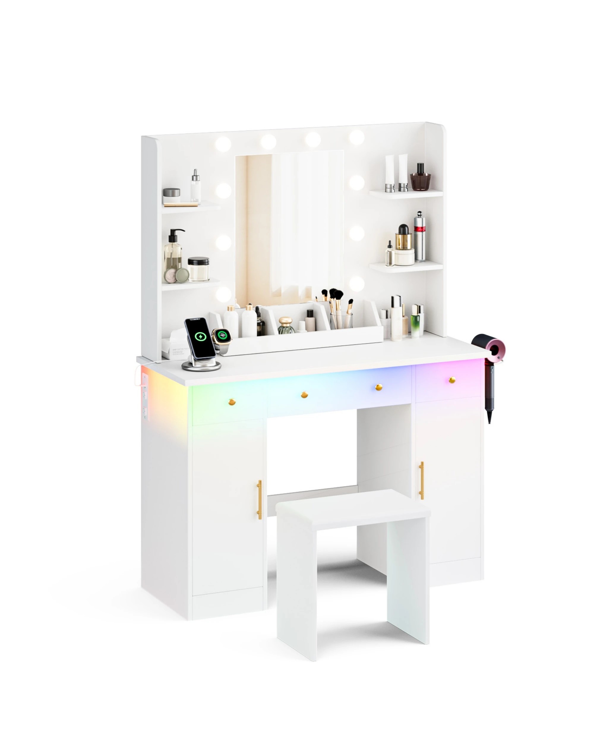 7 Advwin Dressing Table with Mirror and Lights Makeup Vanity Desk Set with Charging Station - White, 7 of 10