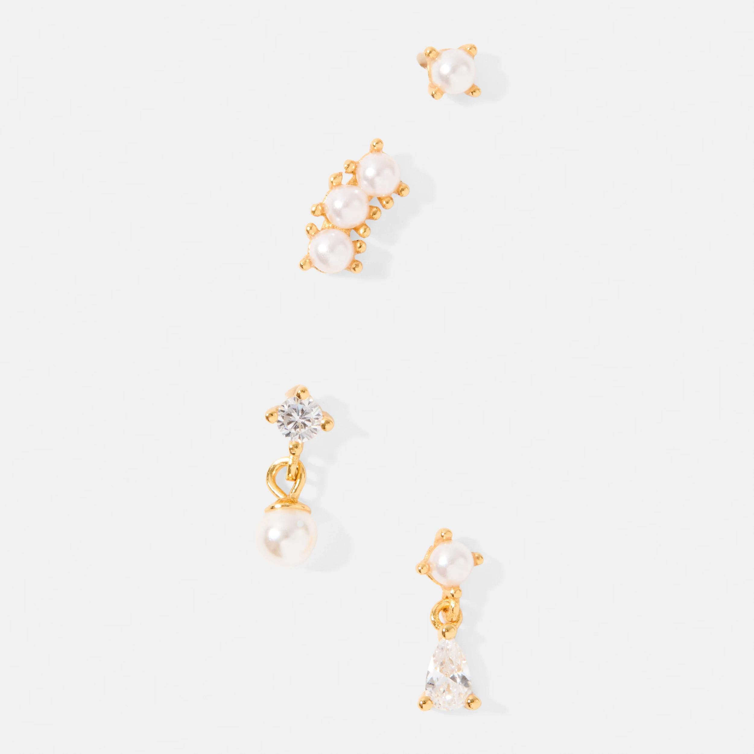 1 4 Pack Cubic Zirconia Gold Plated Sterling Silver Faux Pearl Stack Earrings Gold, 1 of 4