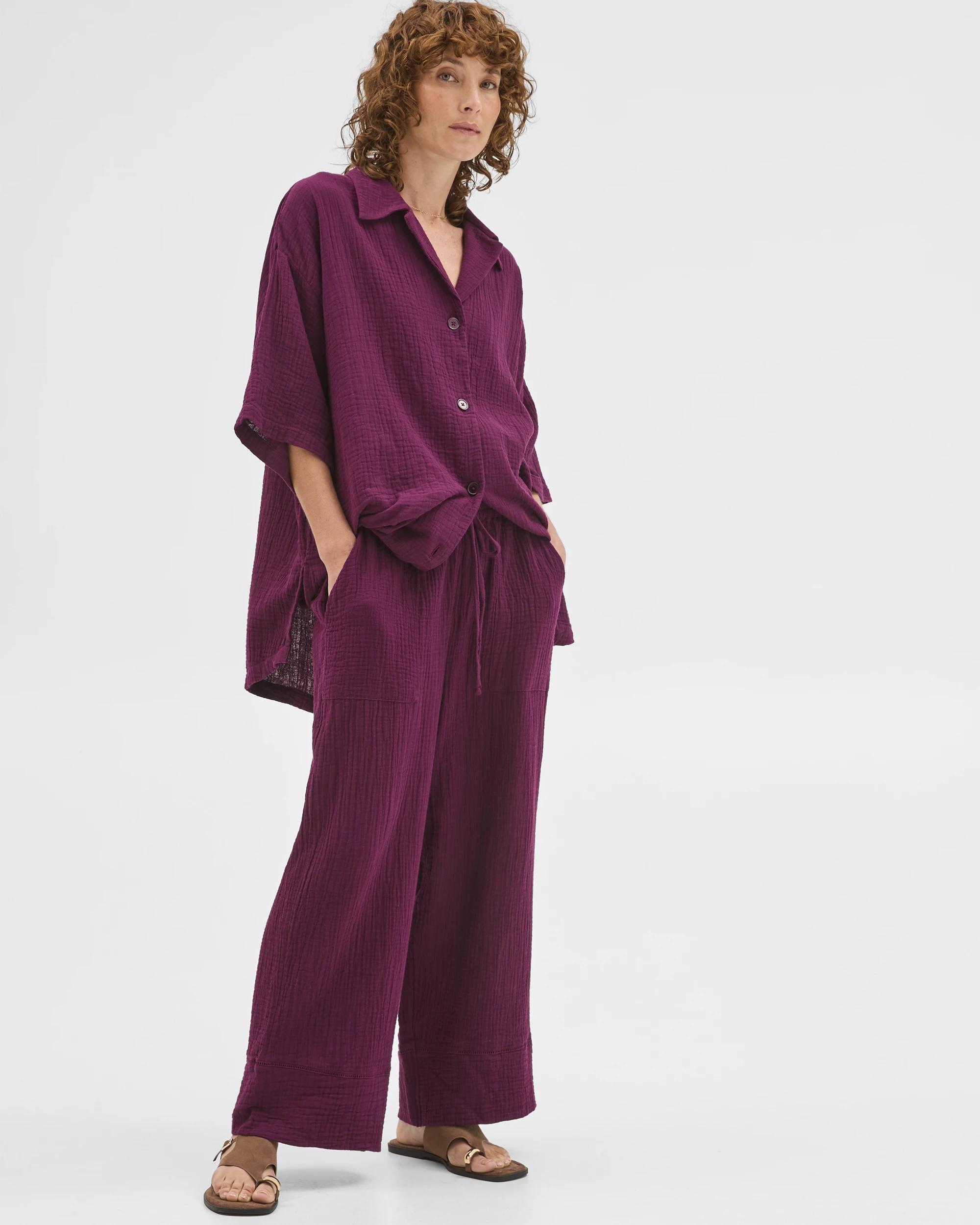 1 Target Woman Australian Cotton Resort Woven Trim Detail Pants DEEP PLUM, 1 of 6