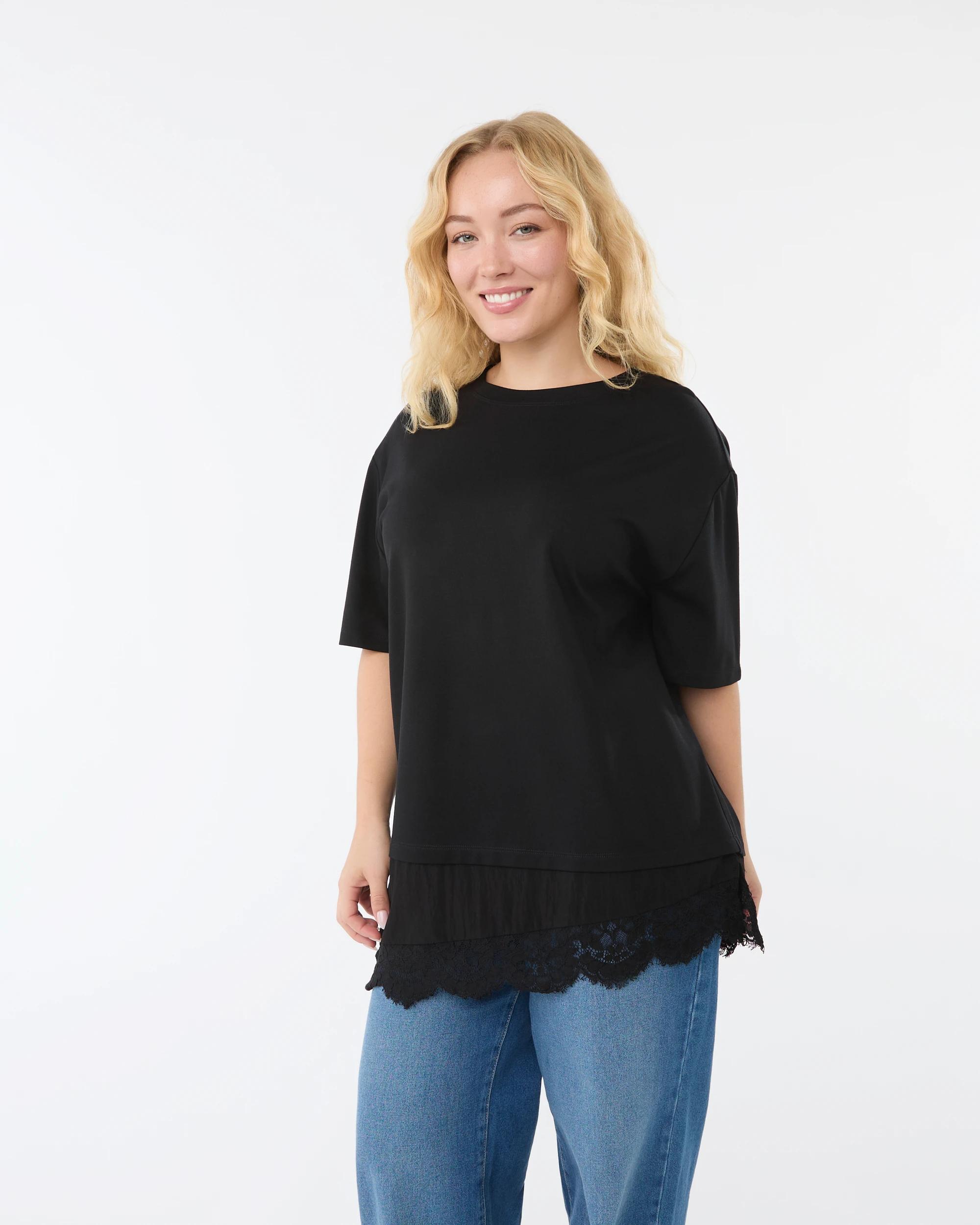 2 Short Sleeve Elevated Lace Trim T-Shirt Black, 2 of 6