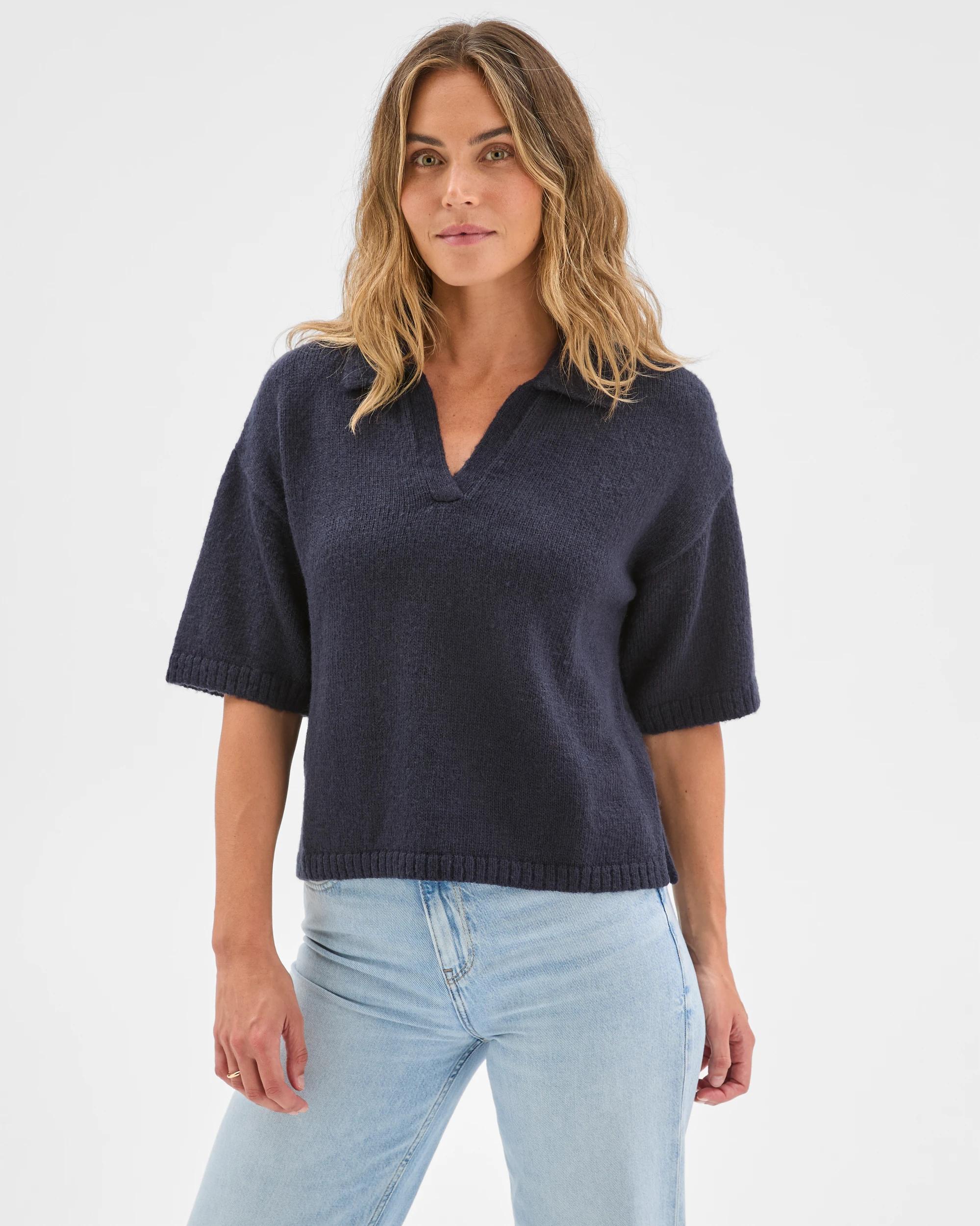 3 Target Woman Twist Slub Polo Knit T-Shirt INK NAVY MARLE, 3 of 6