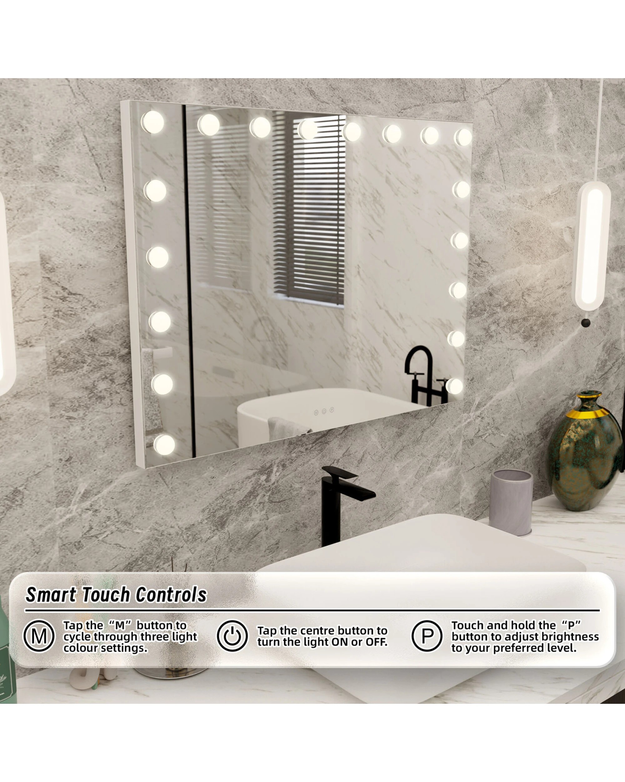2 Lenoxx LED Beauty Mirror with 18 Bulbs, Colour Settings, USB A and USB C, White, 80 x 62cm, 2 of 6