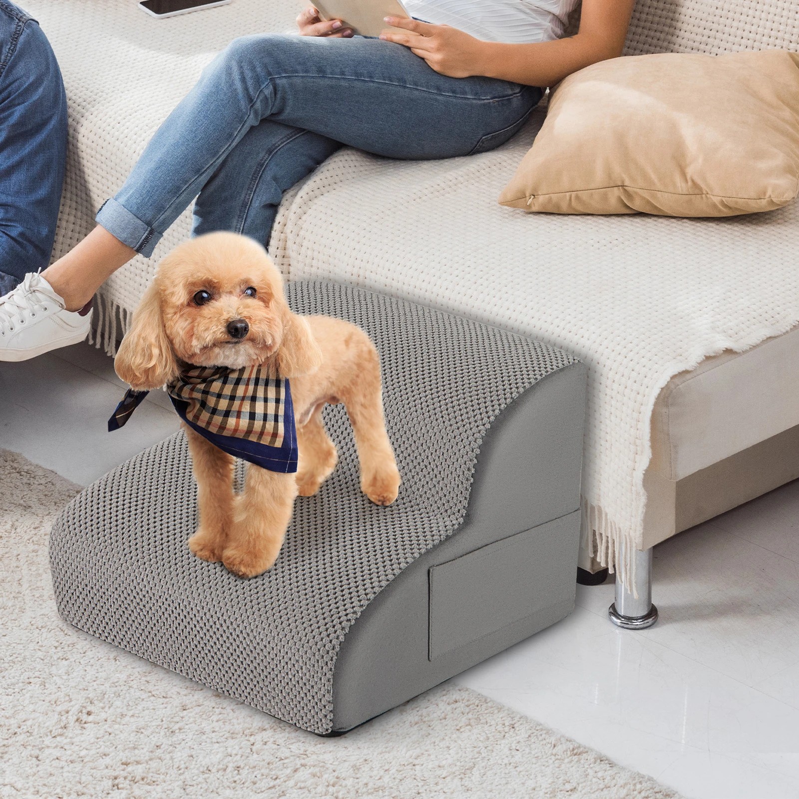 3 Costway 2-Tier Foam Dog Ramp Pet Step Stairs w/Hair Remover - Grey, 3 of 6
