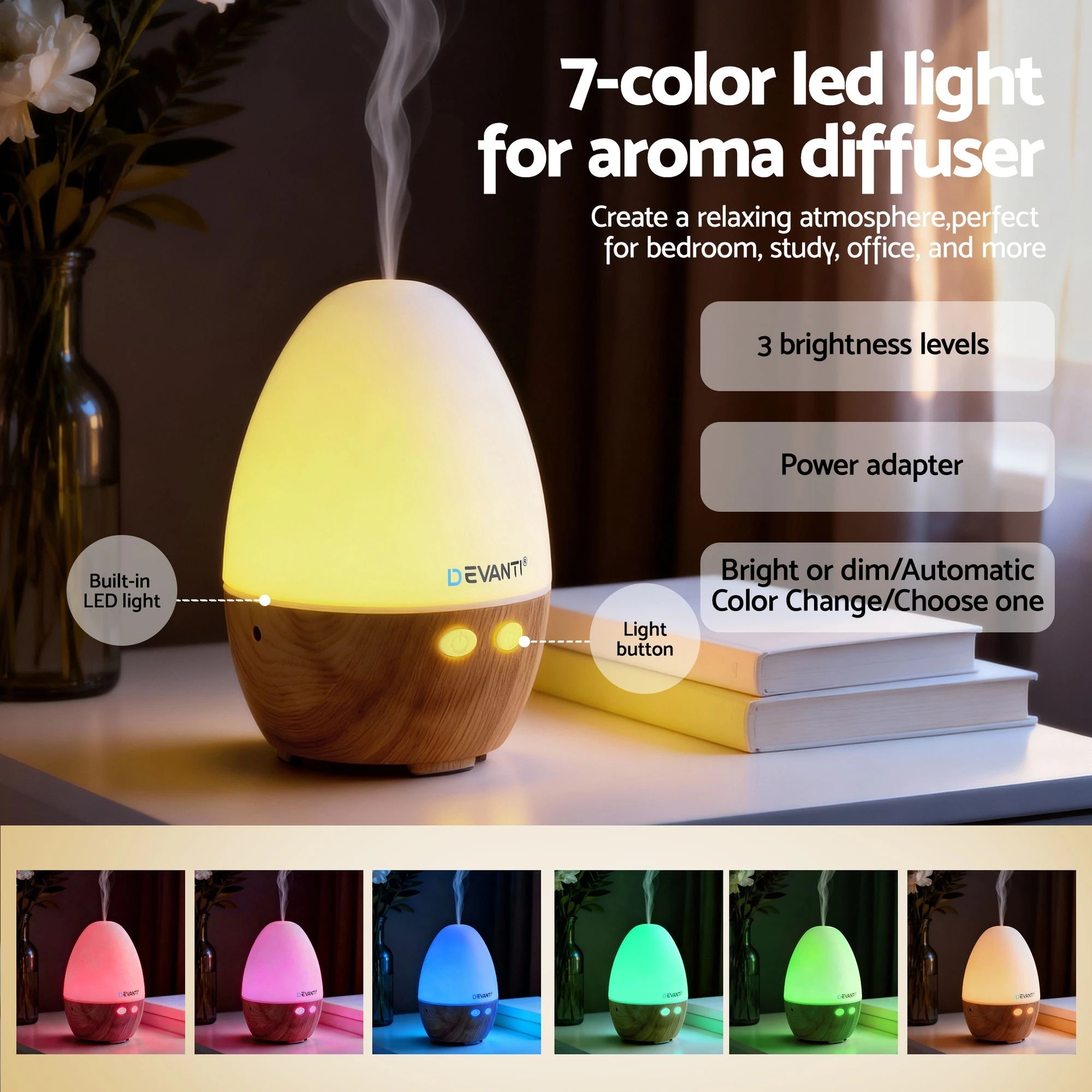 5 Devanti Ultrasonic Aroma Diffuser Aromatherapy 130ml LED Lights Iron Humidifier - Multi, 5 of 7