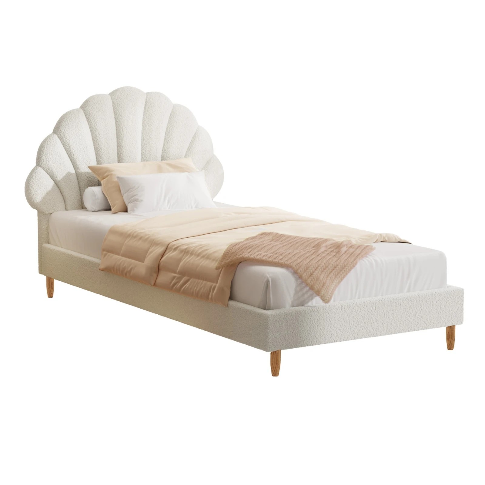1 Oikiture Single Bed Frame Scallop-shape Bedhead Boucle
 - White, 1 of 10