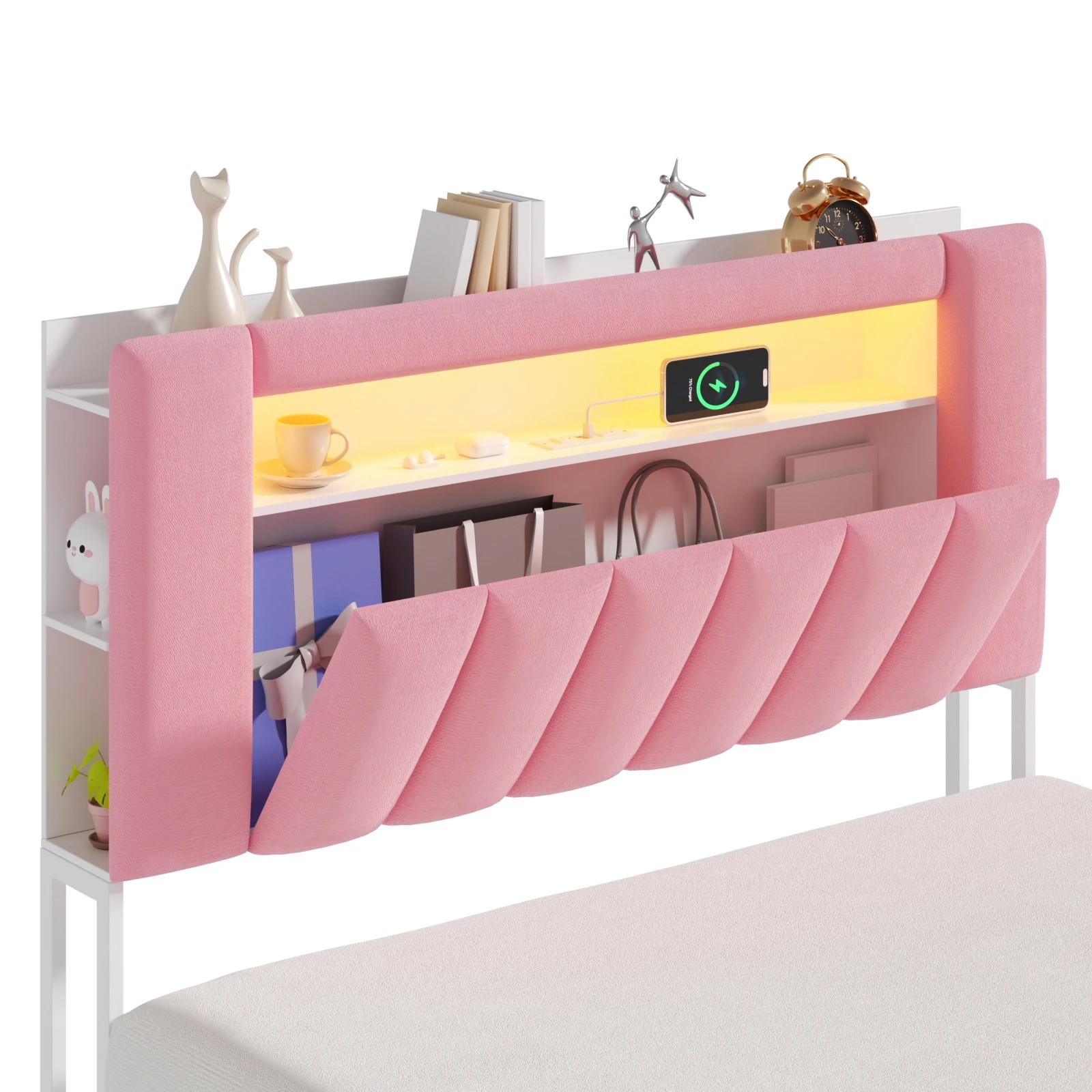 4 Advwin Double Bed Frame with LED Shelves Charging Station - Pink, 4 of 8